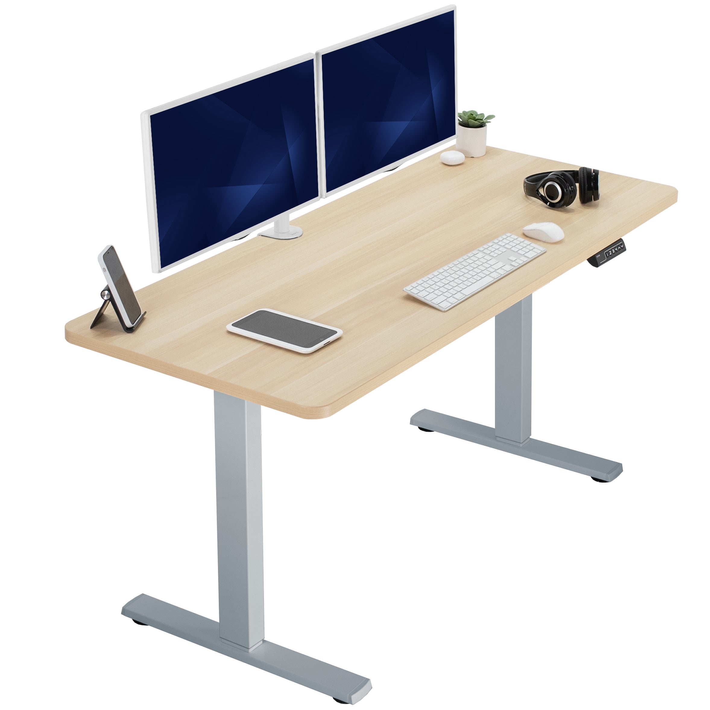 Sturdy ergonomic sit or stand active desk workstation with adjustable height using smart control panel.