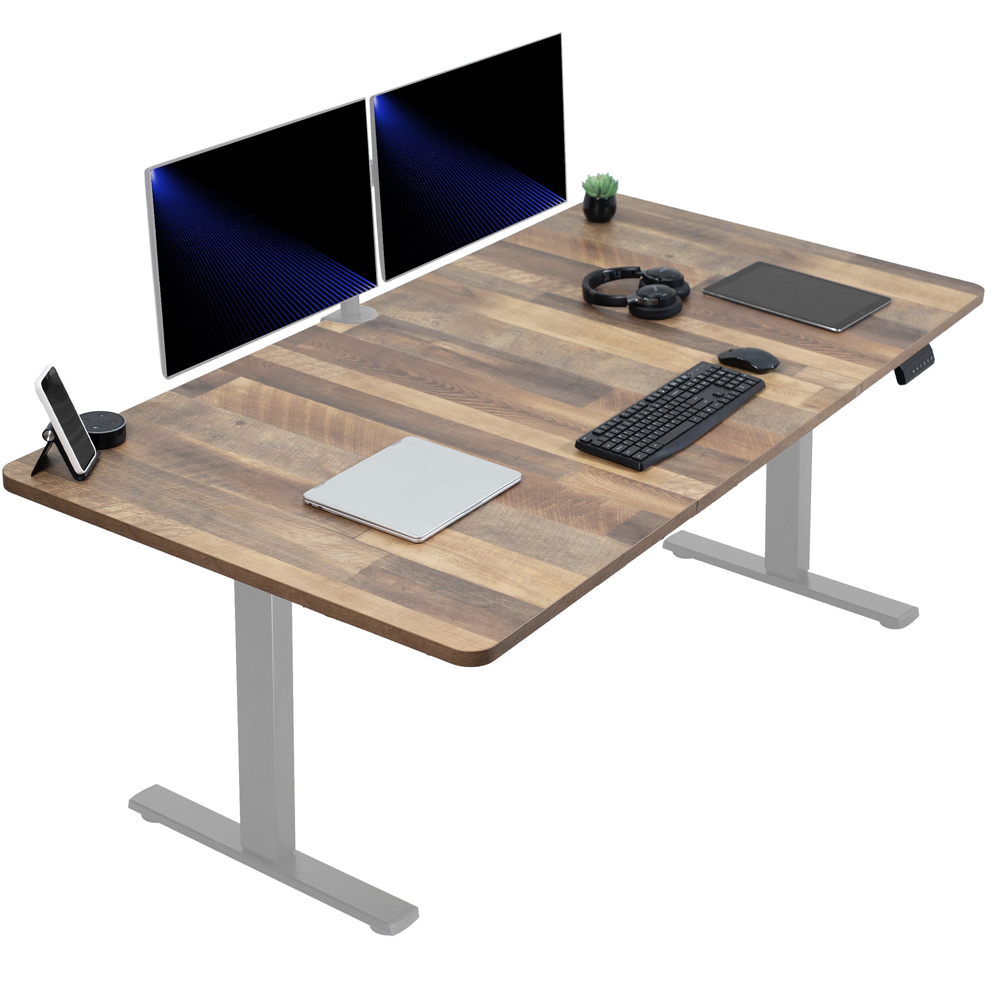 Large sturdy sit or stand modern desk with electric height adjustment options.