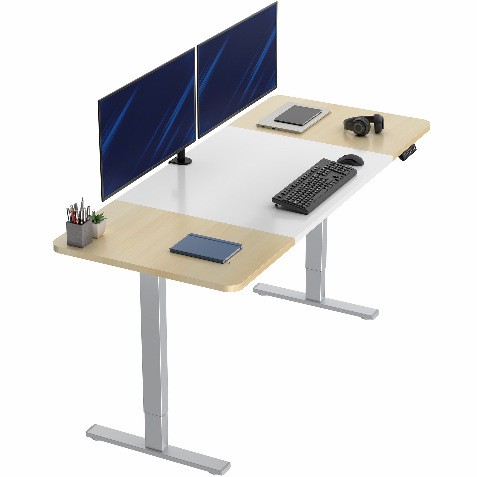 Large sturdy sit or stand modern desk with electric height adjustment options.