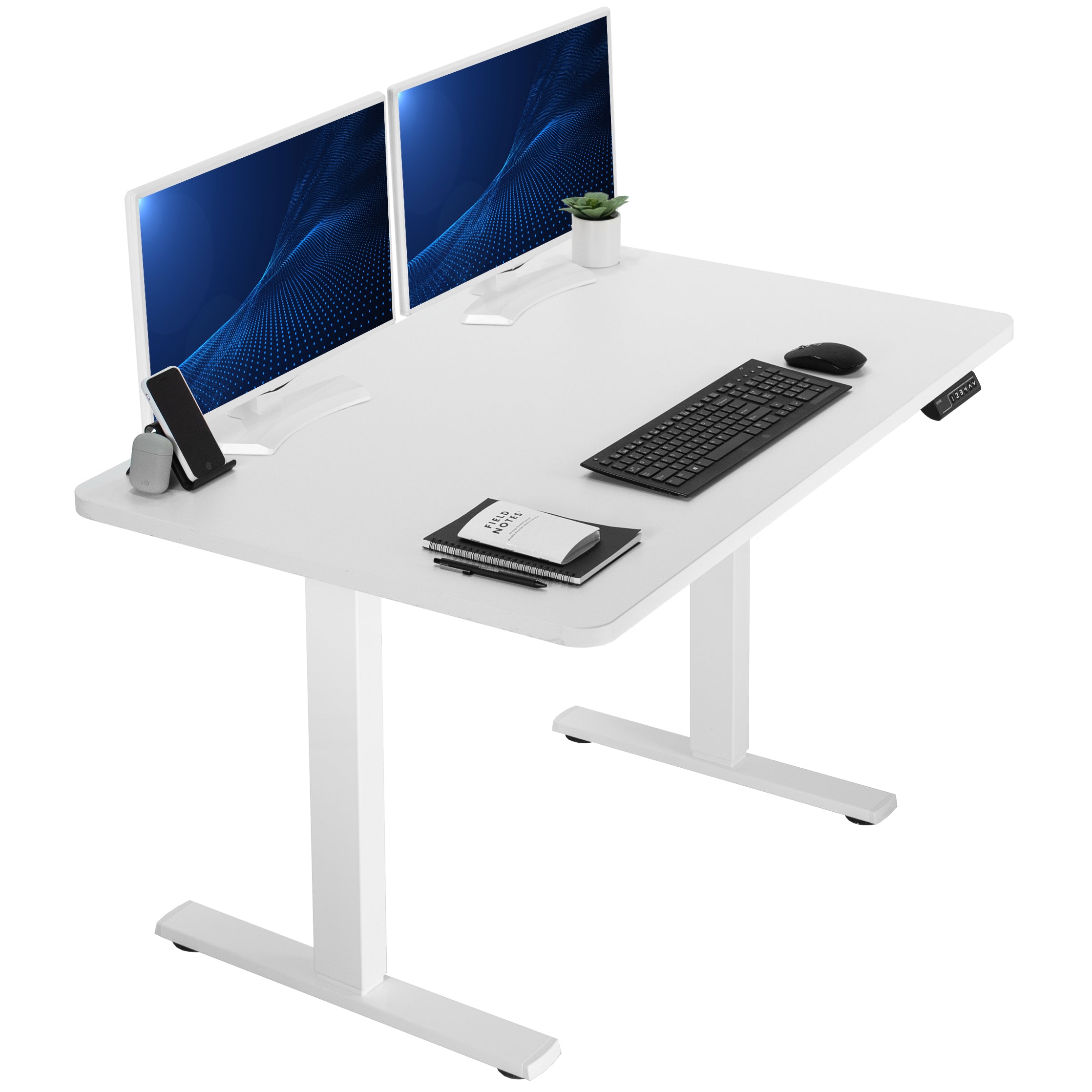 Sturdy ergonomic sit or stand active desk workstation with adjustable height using smart control panel.