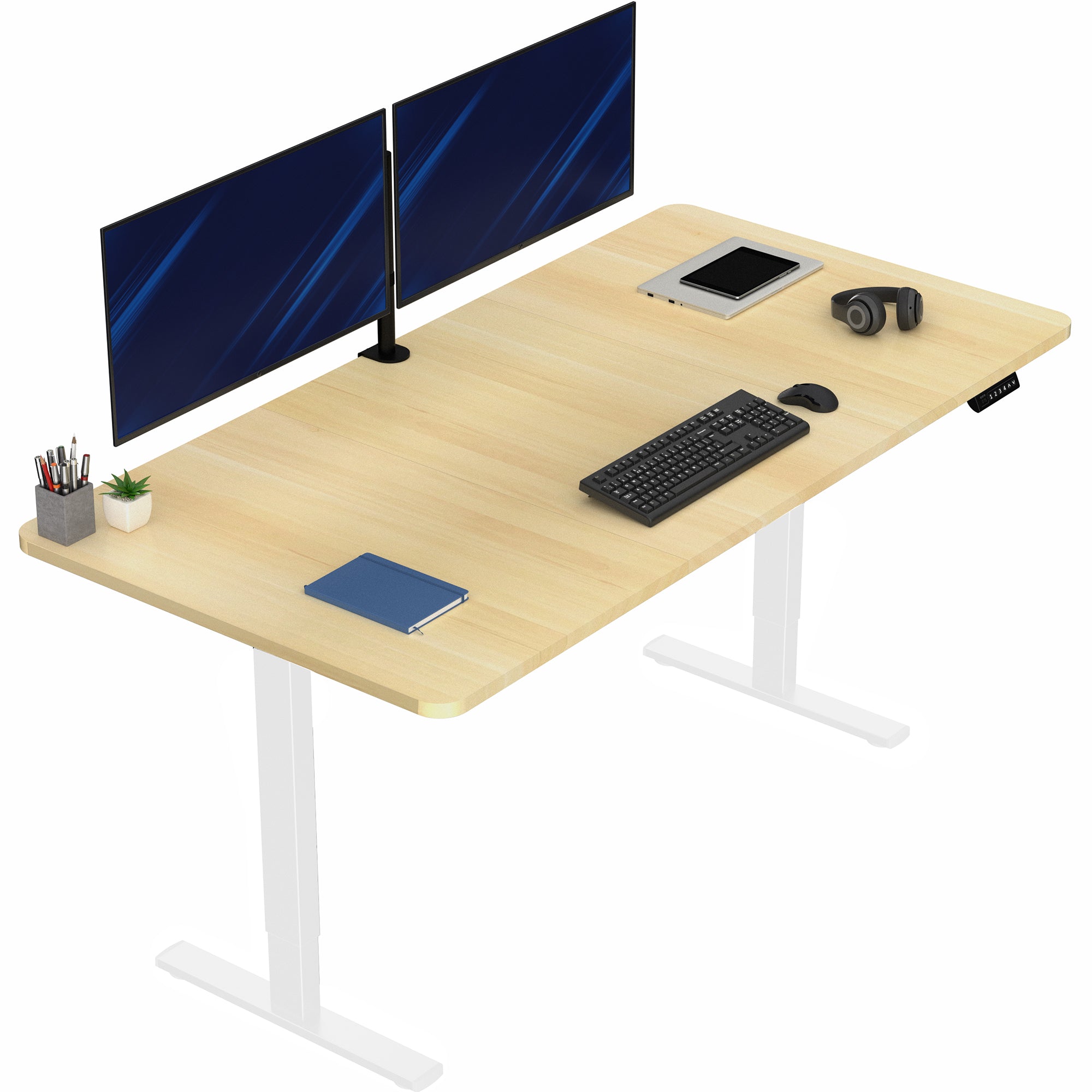 Large sturdy sit or stand modern desk with electric height adjustment options.