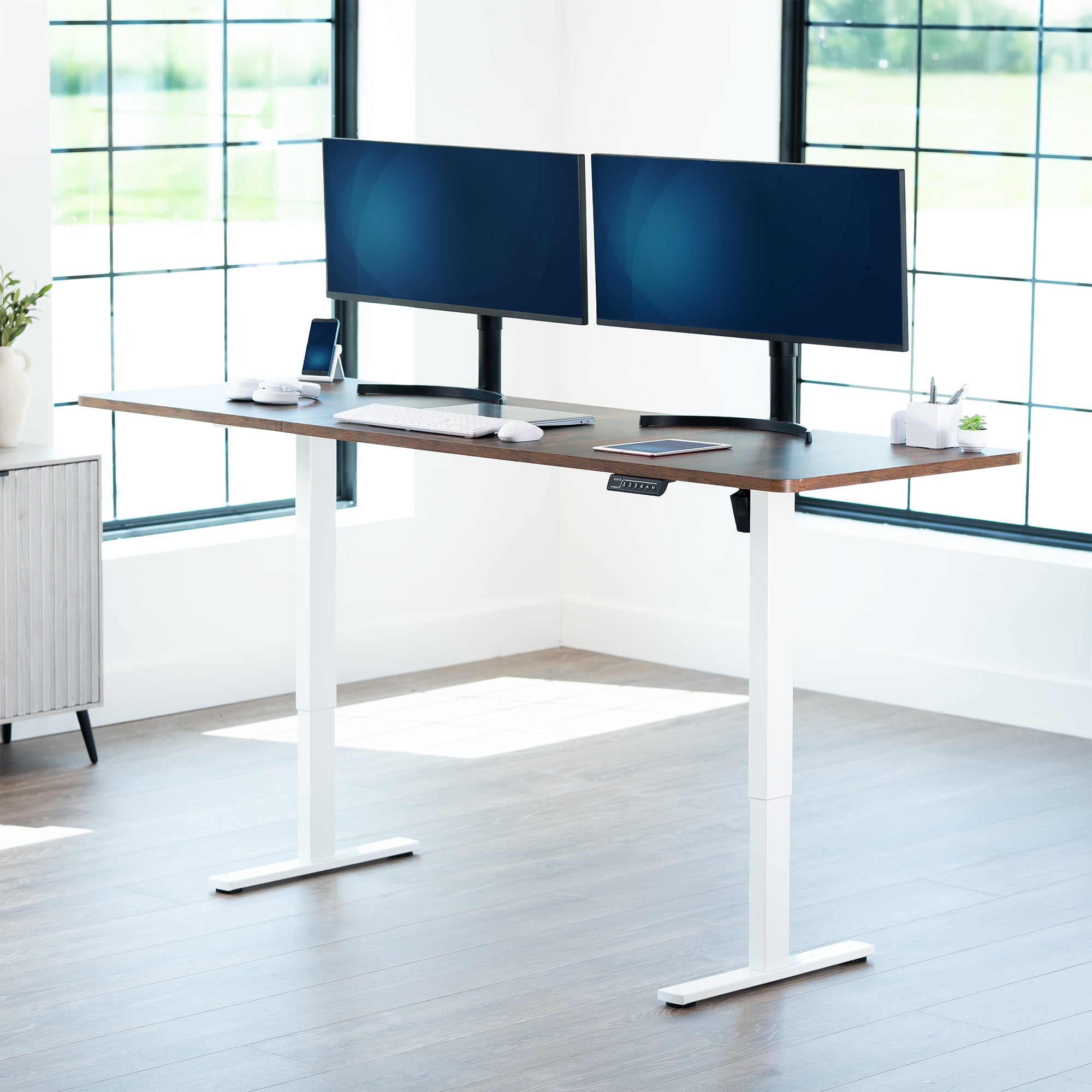 Extra large sturdy sit or stand active workstation with adjustable height using smart control panel.