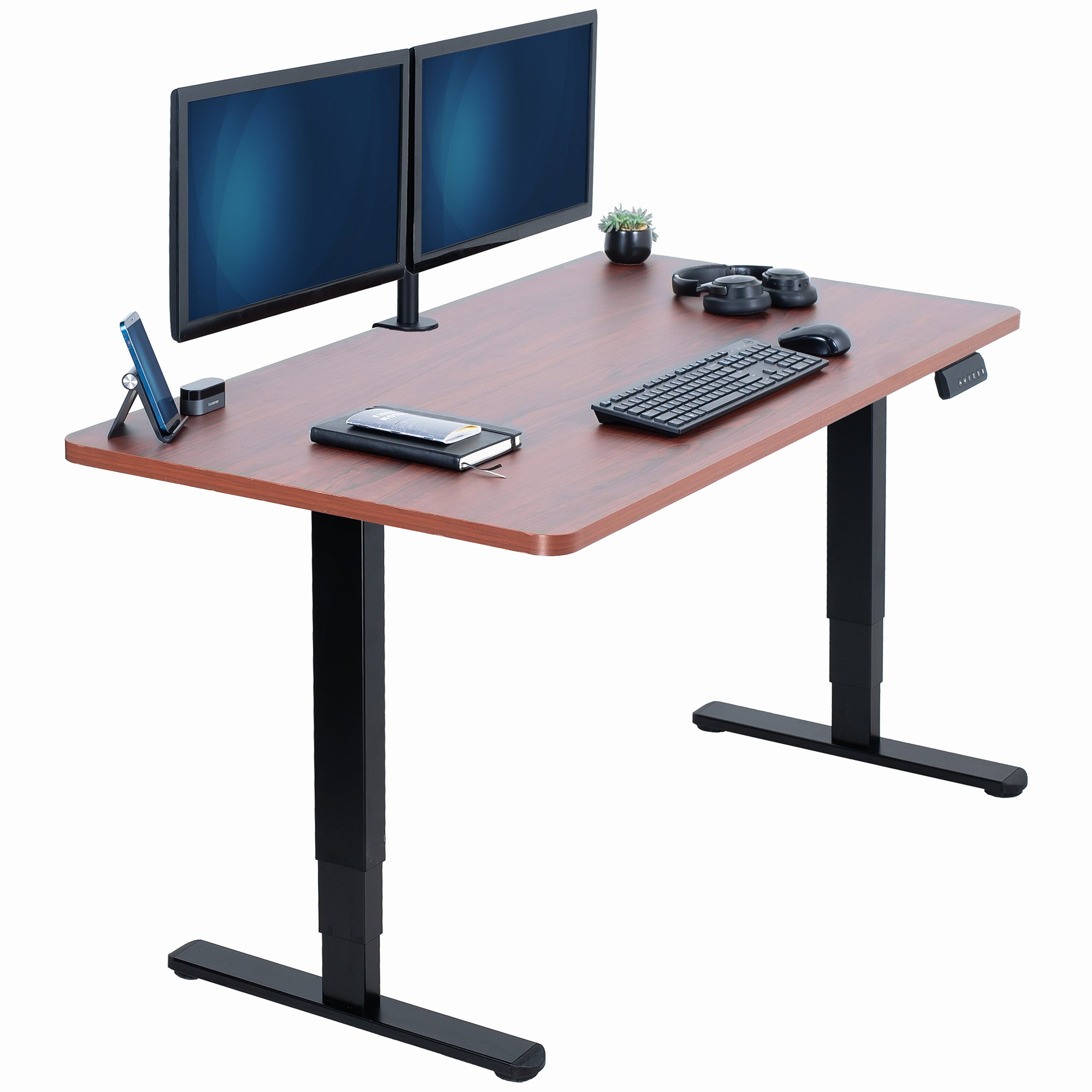 Wooden desk with black legs, two monitors, keyboard, and mouse on a white background