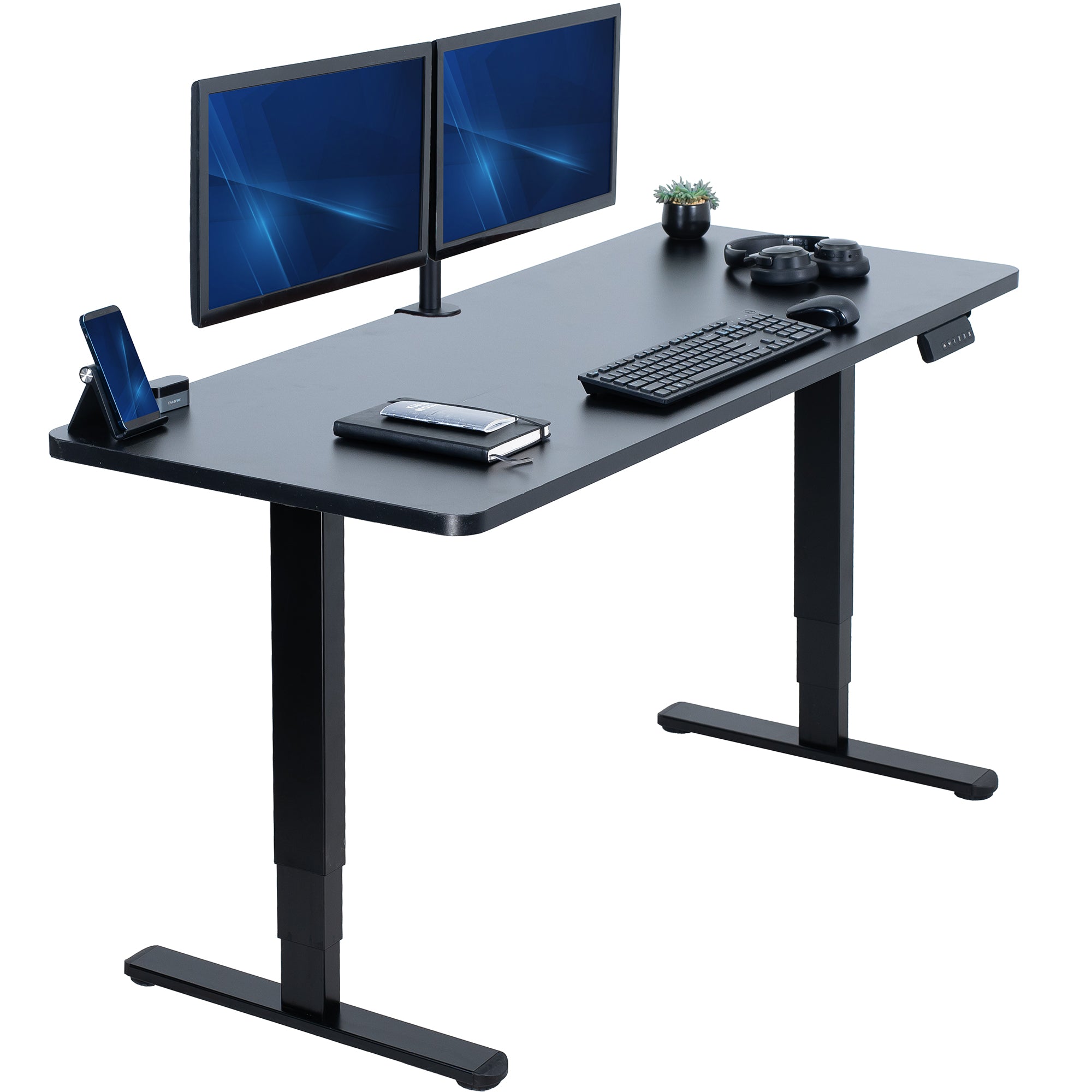Black adjustable desk with two monitors, keyboard, and phone on a white background