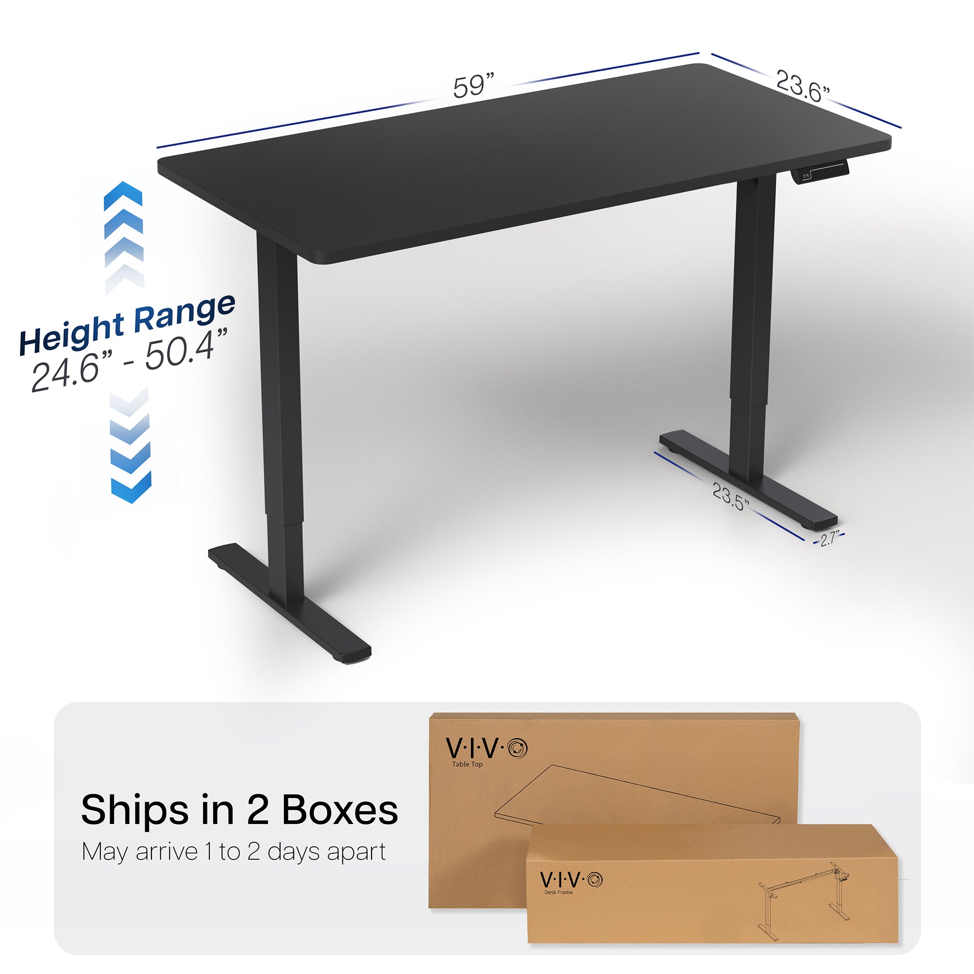 Black adjustable desk with dimensions and shipping information on a white background