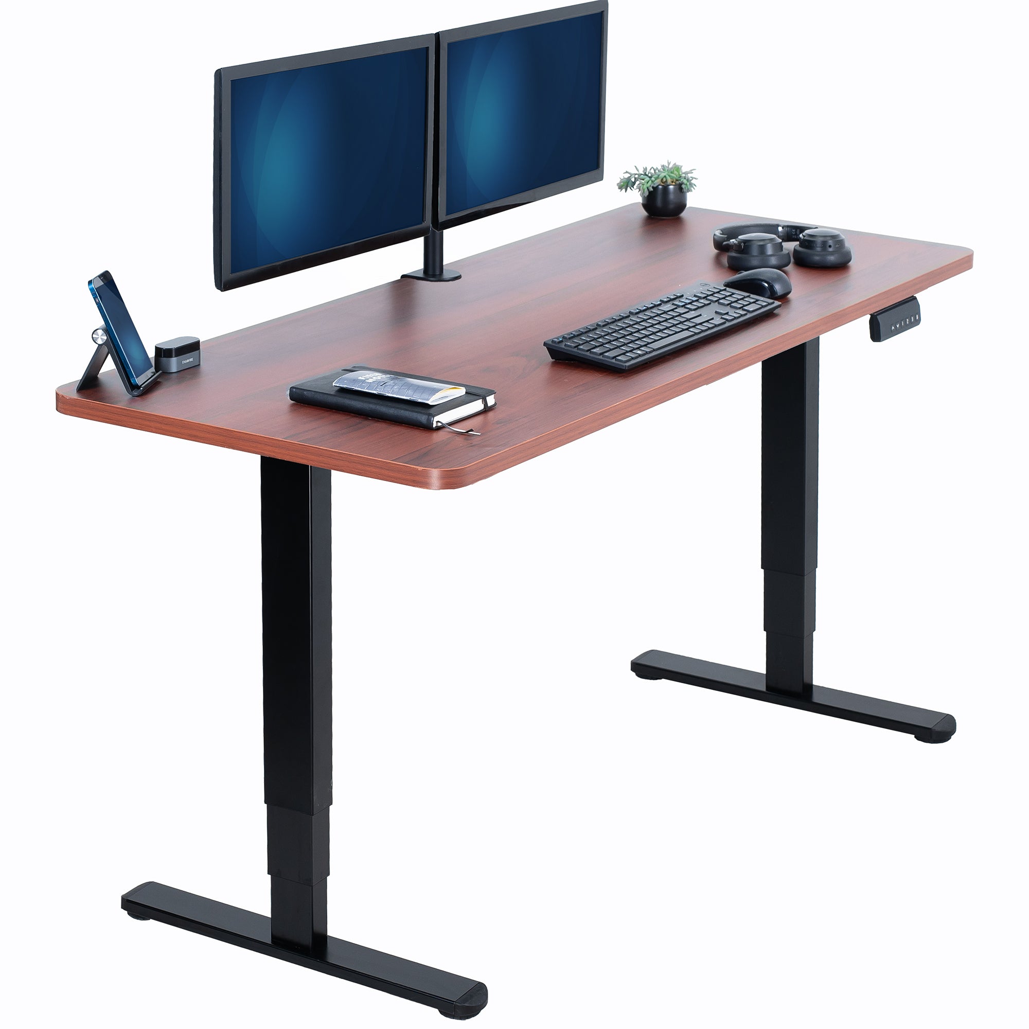 Wooden desk with black legs, two monitors, keyboard, and other office items on a white background