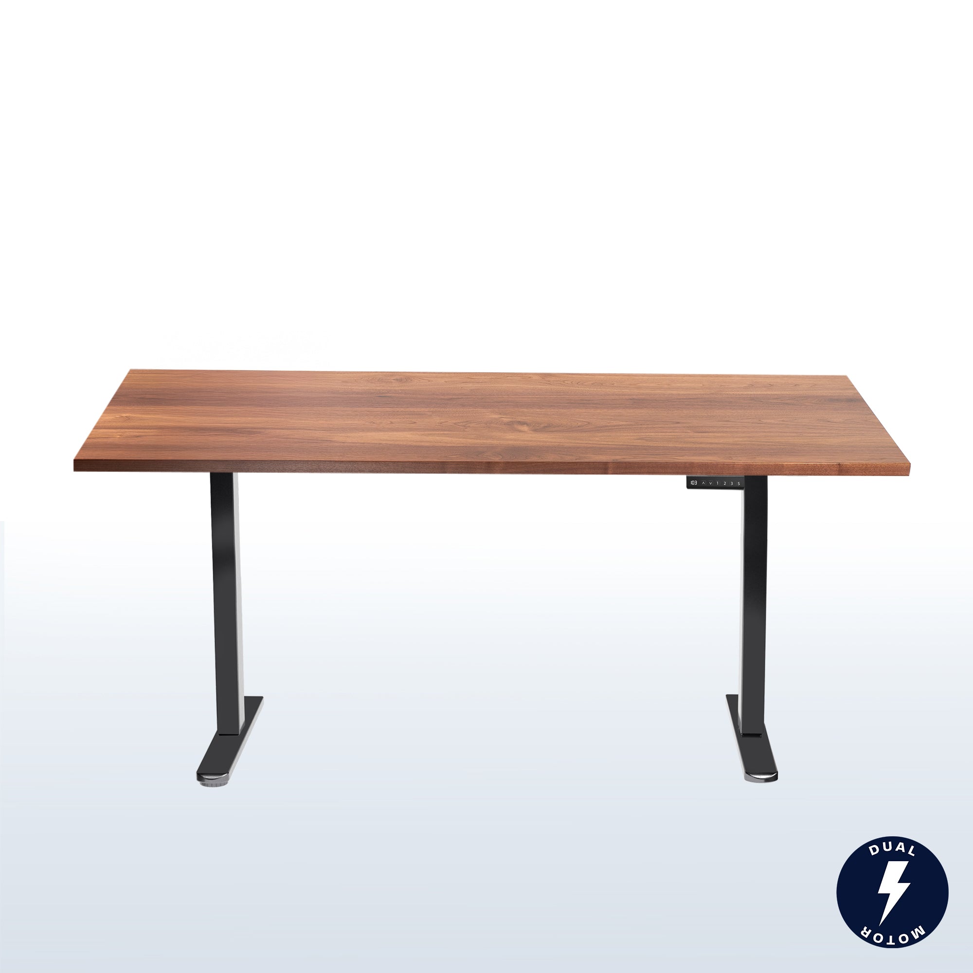 Solid walnut top spacious height adjustable electric desk with smart control panel.