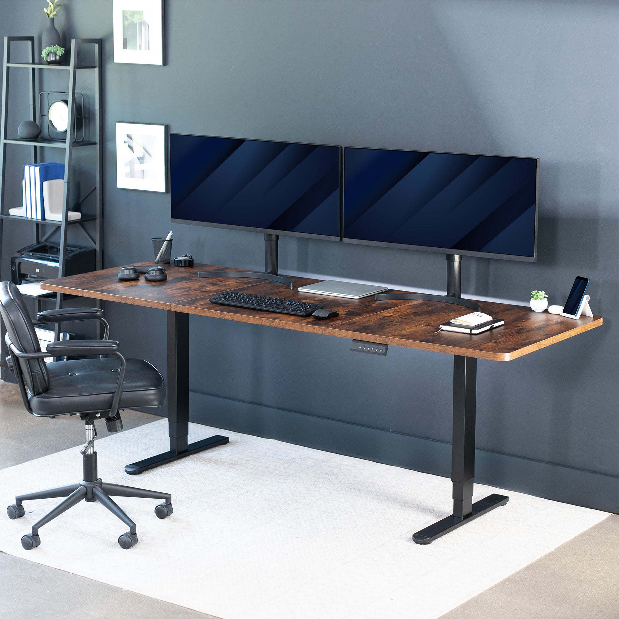 Extra large rustic sit or stand active workstation with adjustable height using a memory control panel.