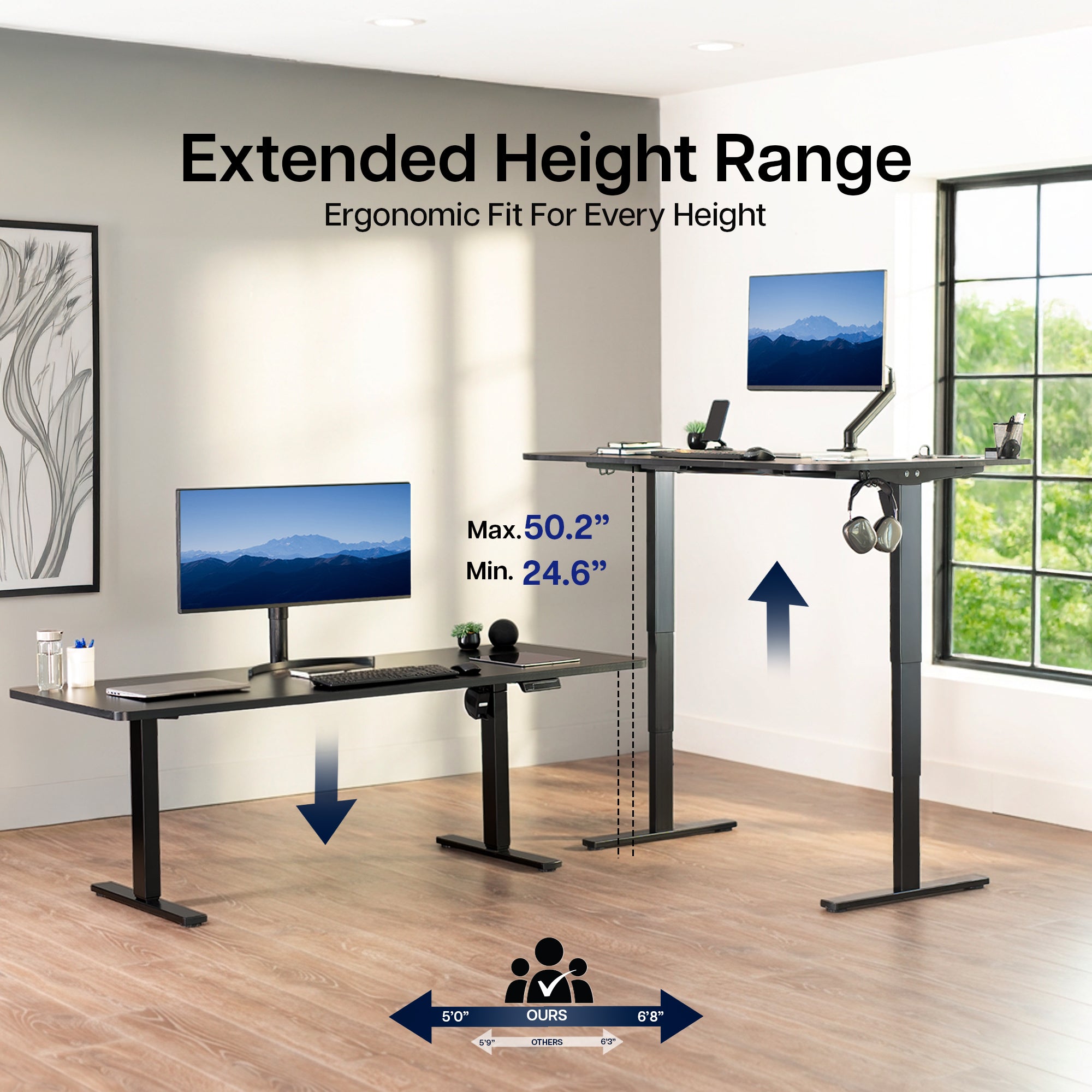 63” x 32” Electric Height Adjustable Stand Up Desk. Features a built-in power strip.