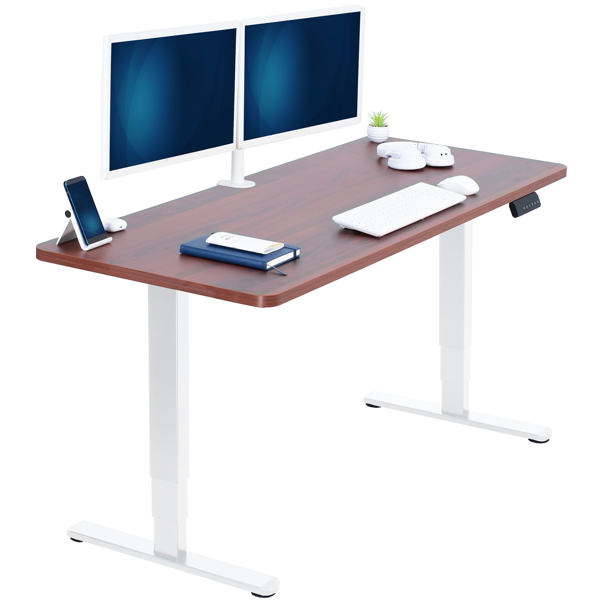 Wooden desk with white legs, two computer monitors, a keyboard, mouse, and phone on a white background