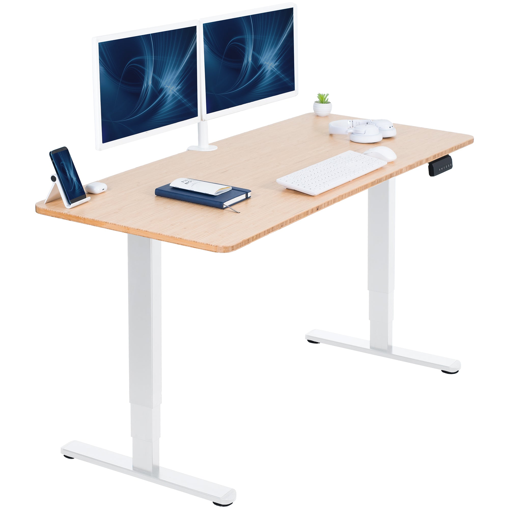 Wooden desk with white legs, two monitors, a keyboard, and other office items on a white background