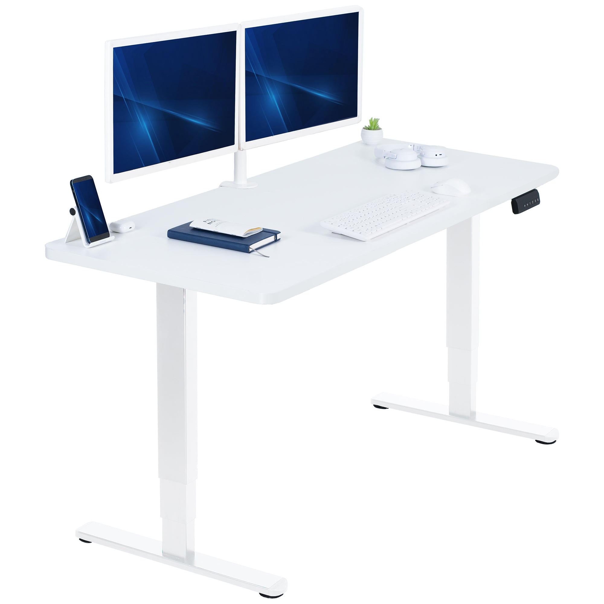 White office desk with two computer monitors, a phone, and a notebook on a white background