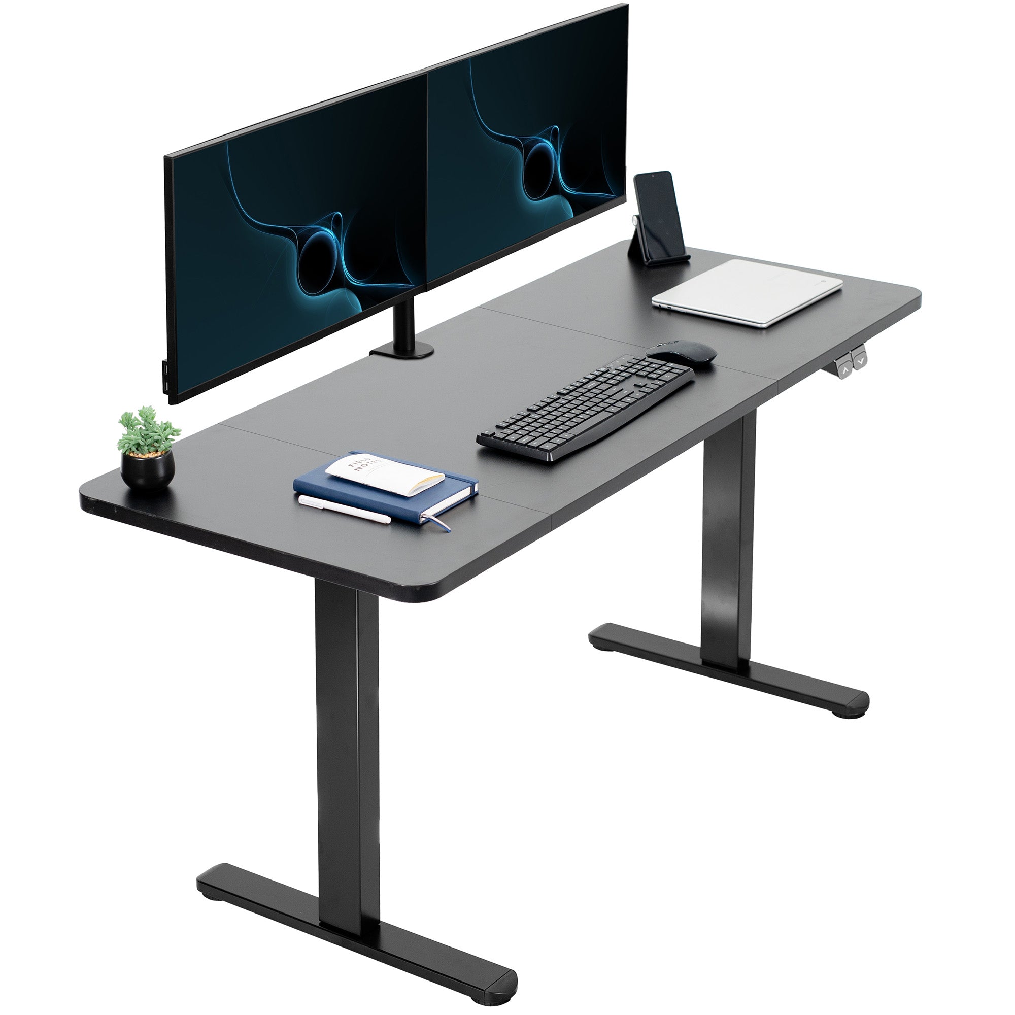 Black standing desk with computer setup, including dual monitors, keyboard, and mouse on a white background
