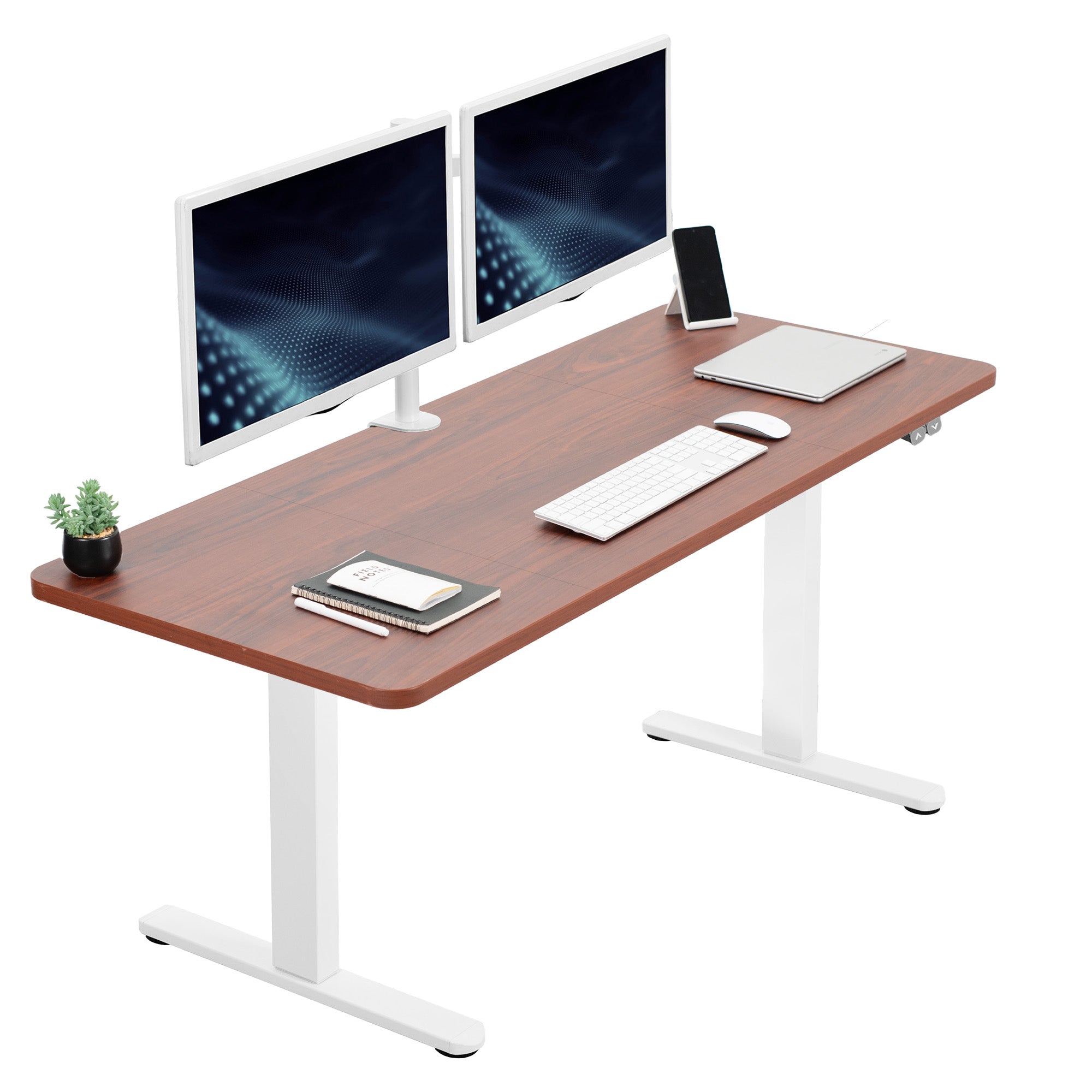 Dark Walnut desk with white legs, two monitors, keyboard, mouse, and phone on a white background