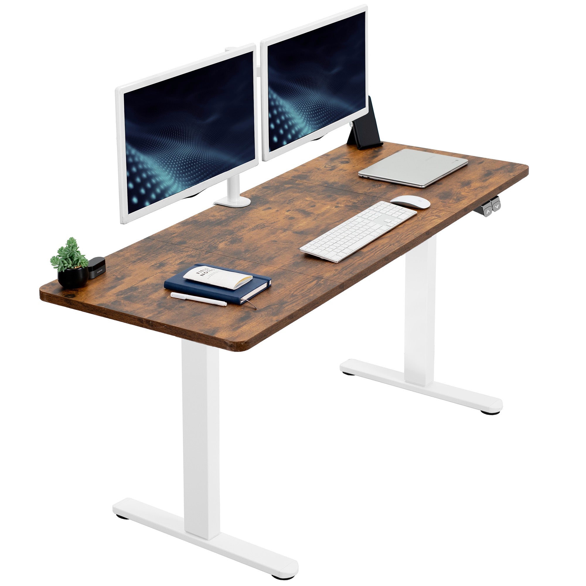 Vintage Brown desk with two computer monitors, keyboard, and mouse on a white background
