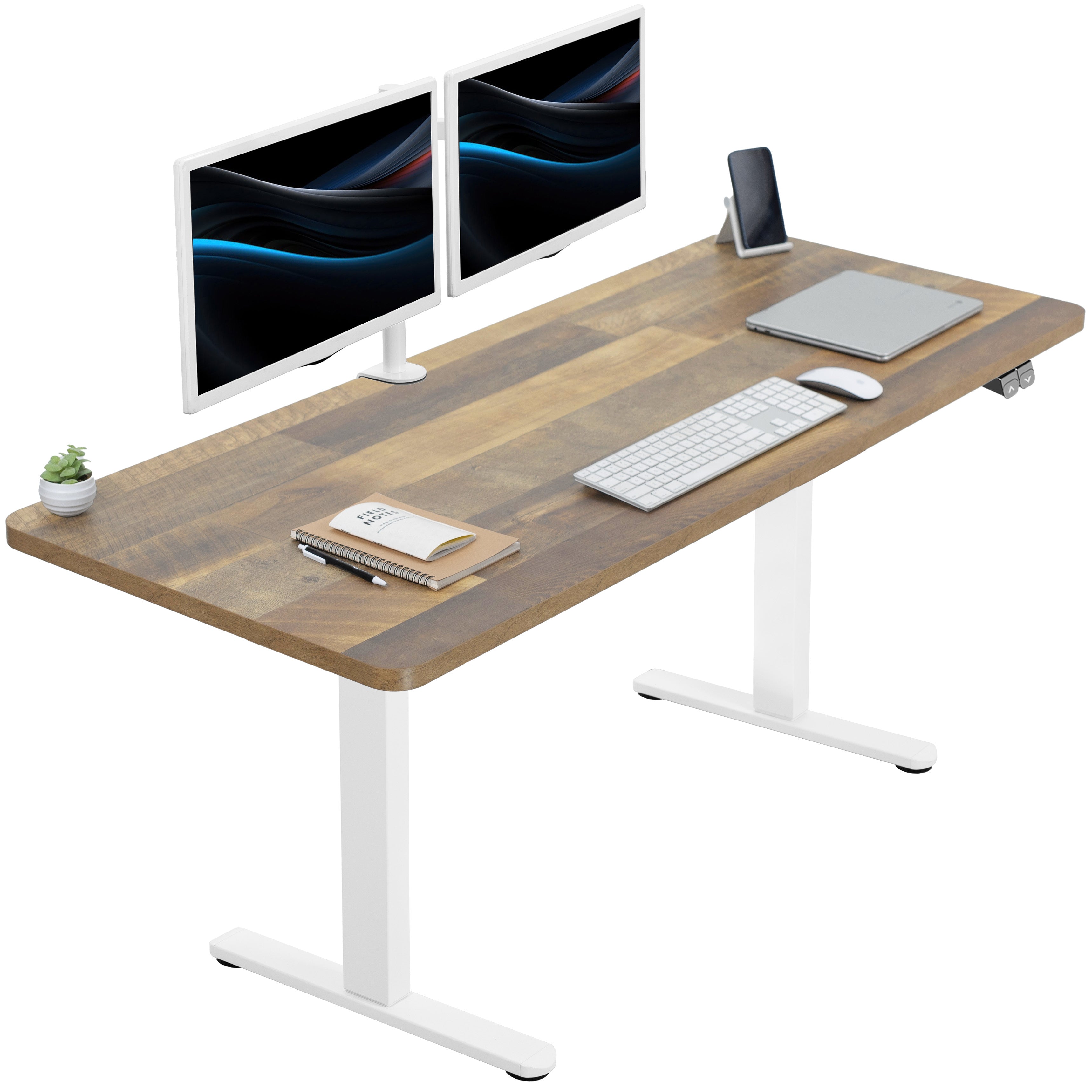 Reclaimed Wood desk with white legs, two computer monitors, keyboard, mouse, and notebook on a white background