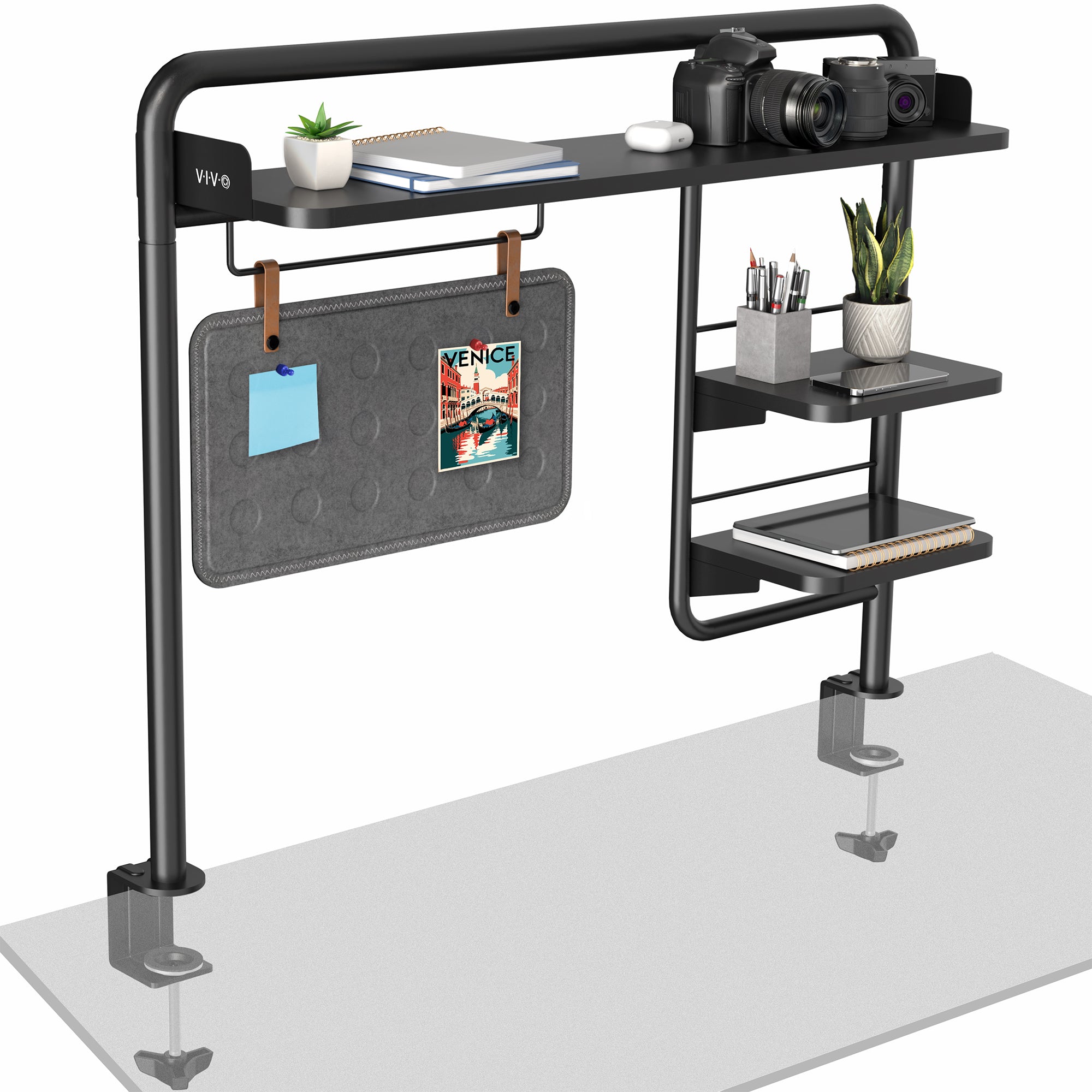 Clamp-on Desktop Shelving System for organizing office workspaces.
