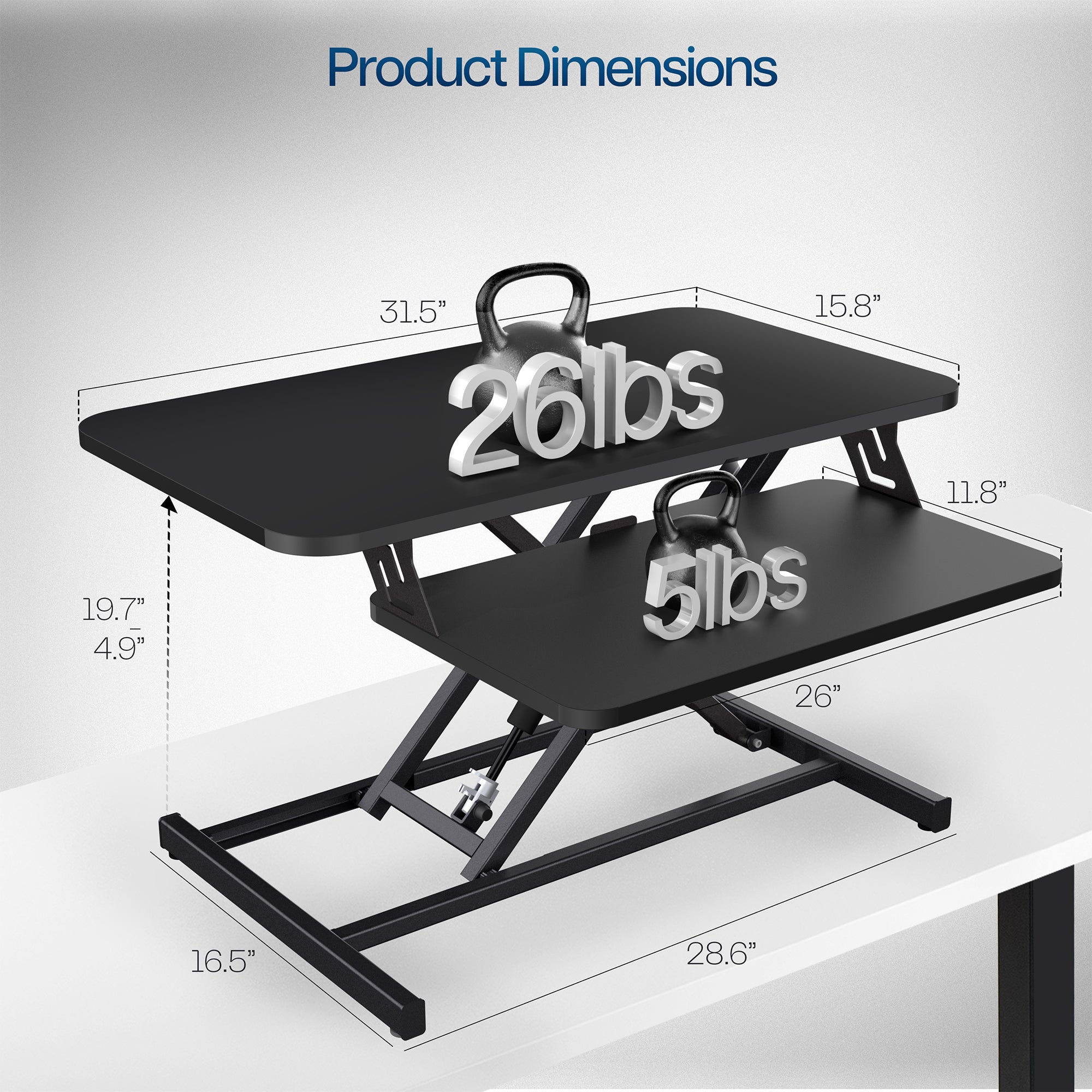 Heavy-duty height adjustable desk converter monitor riser with 2 tiers.