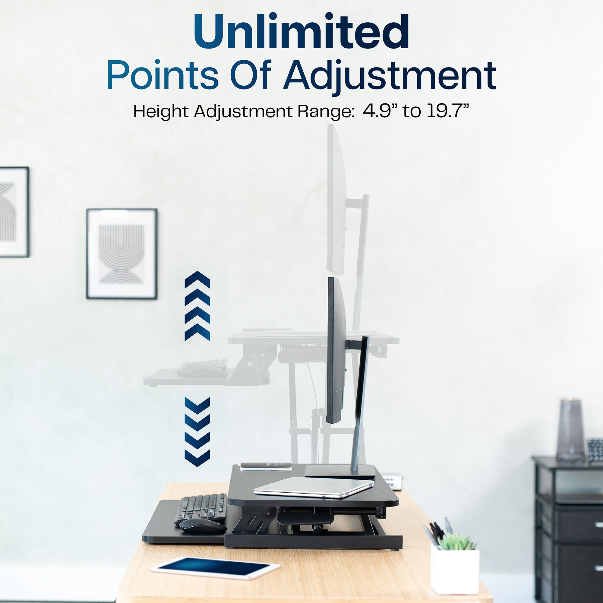Heavy-duty height adjustable desk converter monitor riser with 2 tiers.
