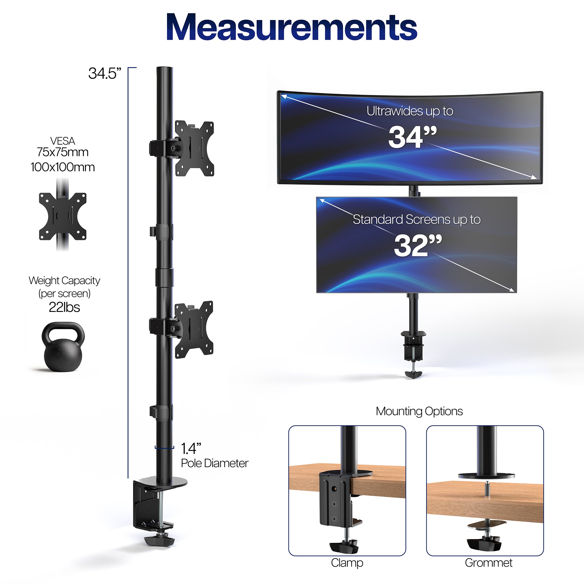 Dual Monitor Desk Mount - Up to 34" Screens