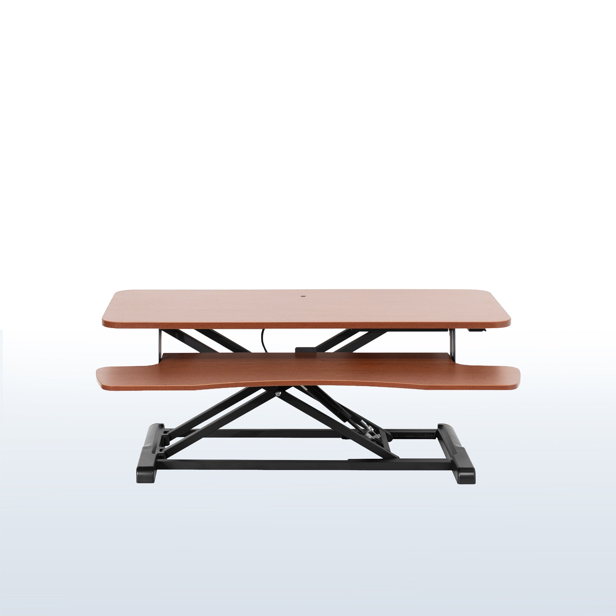 Heavy-duty height adjustable desk converter monitor riser with 2 tiers.