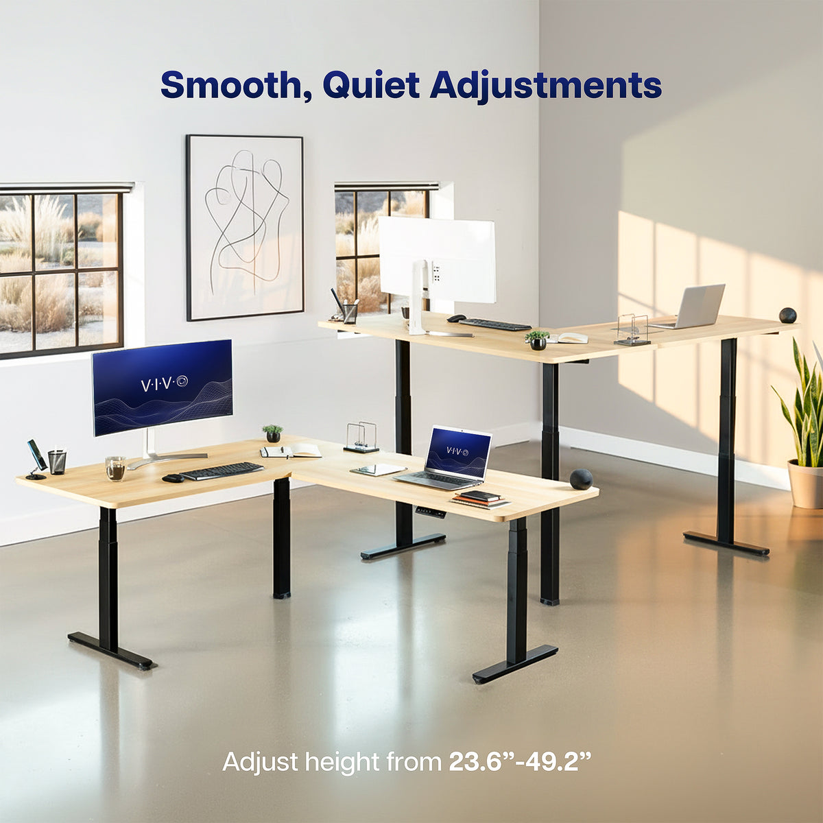 An L-shaped standing desk setup in a bright modern office, showing two adjustable height standing desks with light wood tops and black metal legs. The image includes text overlays reading 'Smooth, Quiet Adjustments' and 'Adjust height from 23.