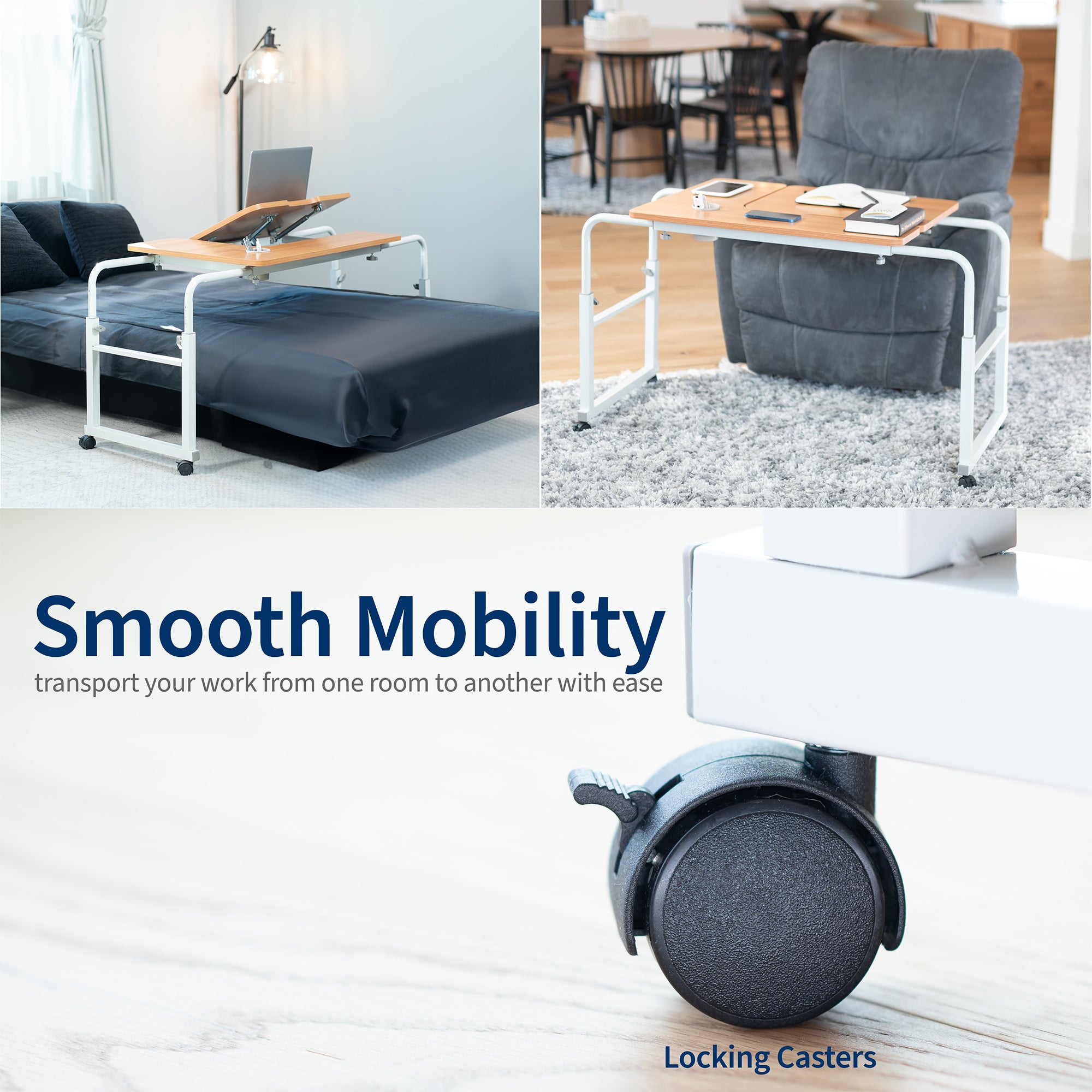 Collage of a mobile desk with wheels in various settings, emphasizing smooth mobility.