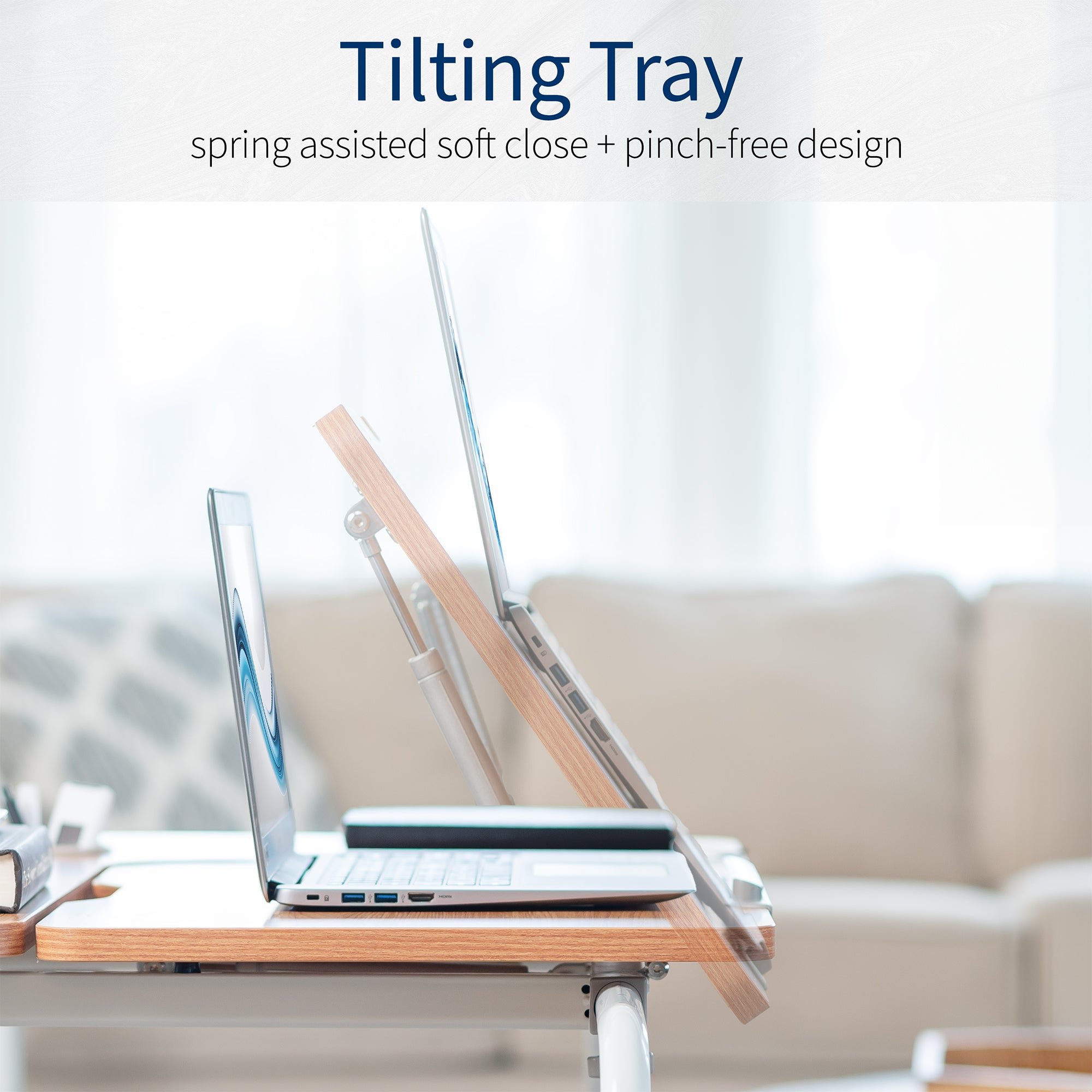 Laptop on a tilting tray with a blurred background