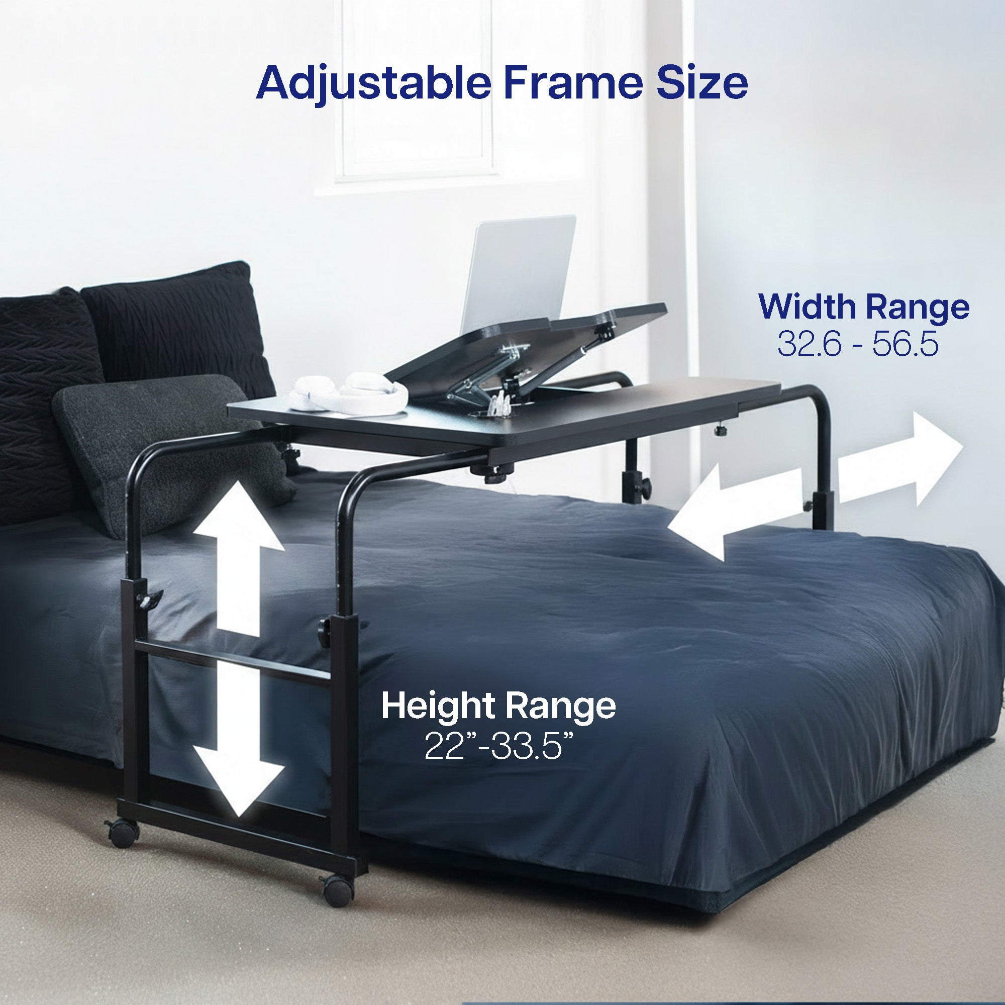 Adjustable over the bed desk with laptop in a bedroom setting, showing size range details.