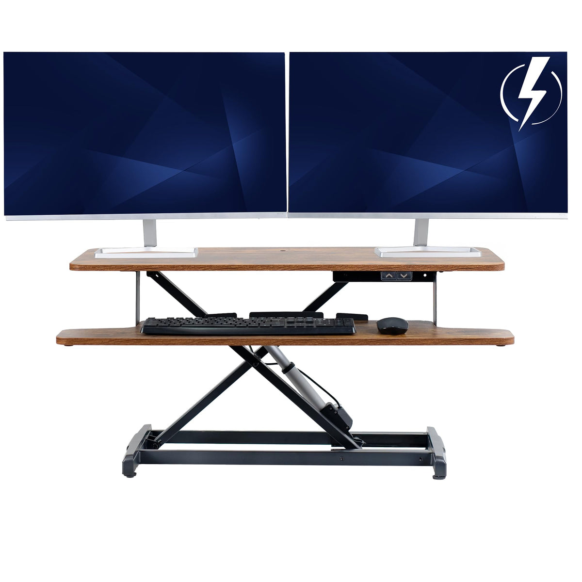 Rustic Electric Motor Desk Converter, Height Adjustable Riser, Sit to Stand Dual Monitor and Laptop Workstation with Wide Keyboard Tray