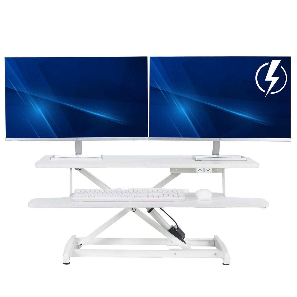 Electric Motor Desk Converter, Height Adjustable Riser, Sit to Stand Dual Monitor and Laptop Workstation with Wide Keyboard Tray