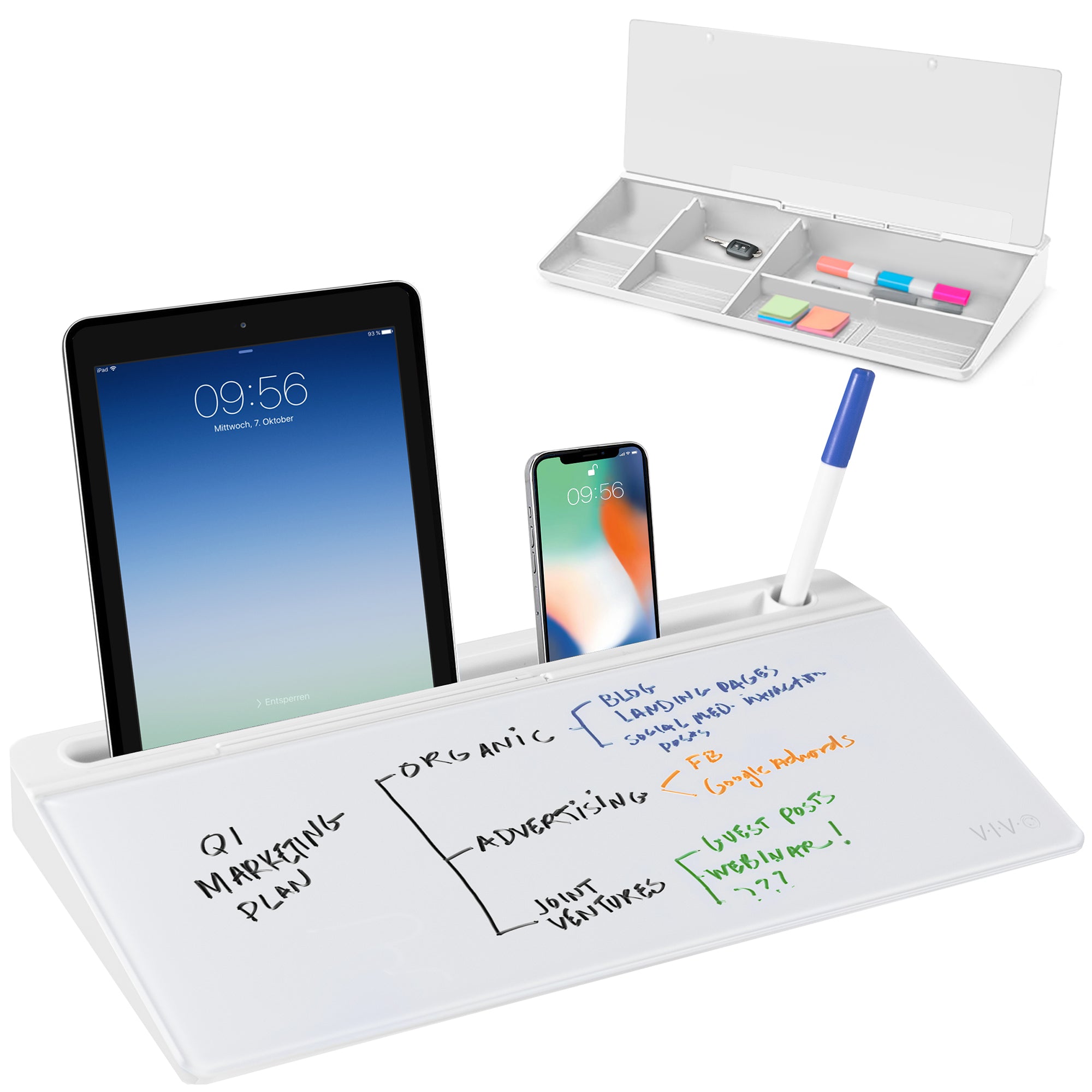 Whiteboard storage compartment with a dry-erase and magnetic surface.