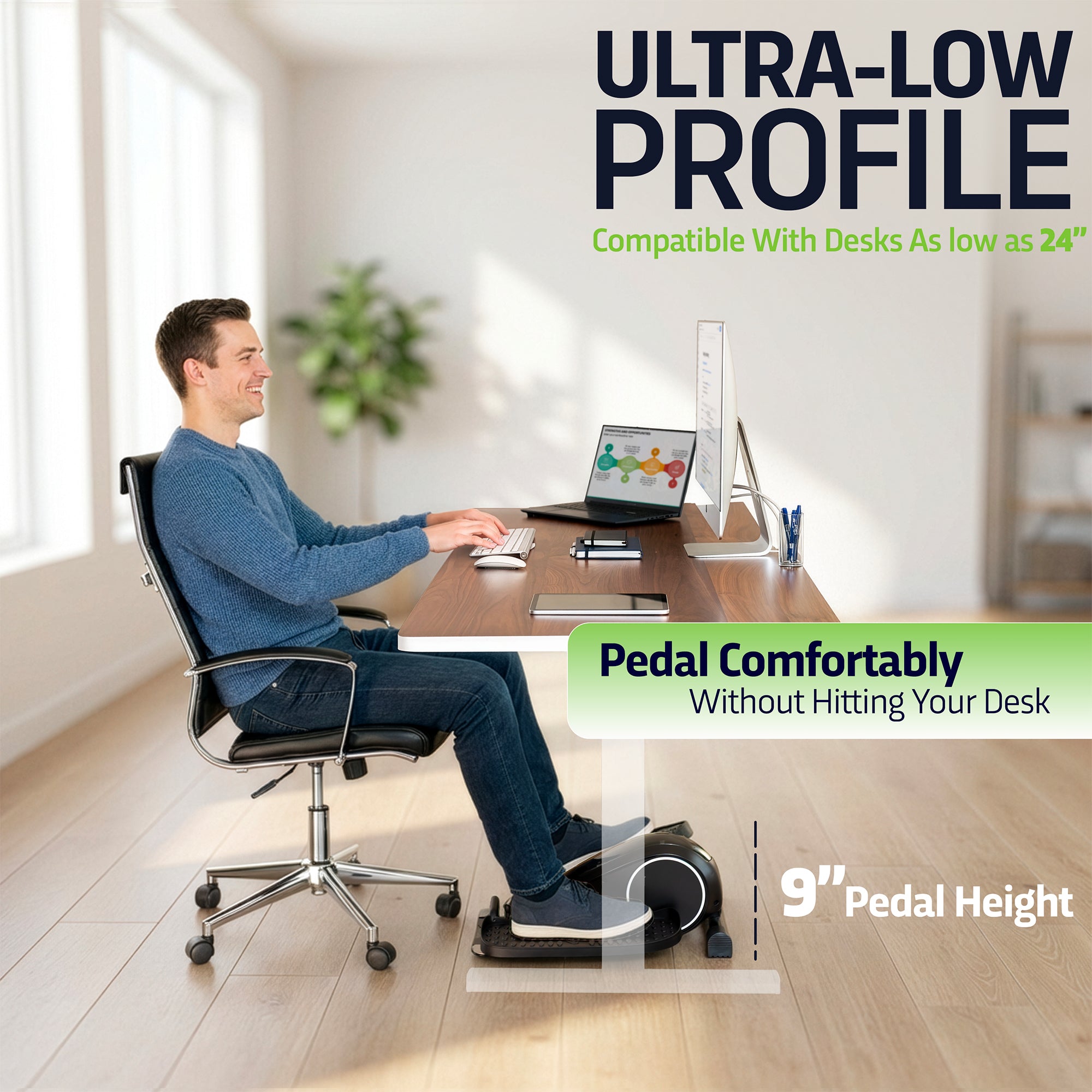 Person using a pedal exerciser at a desk with text highlighting product features.