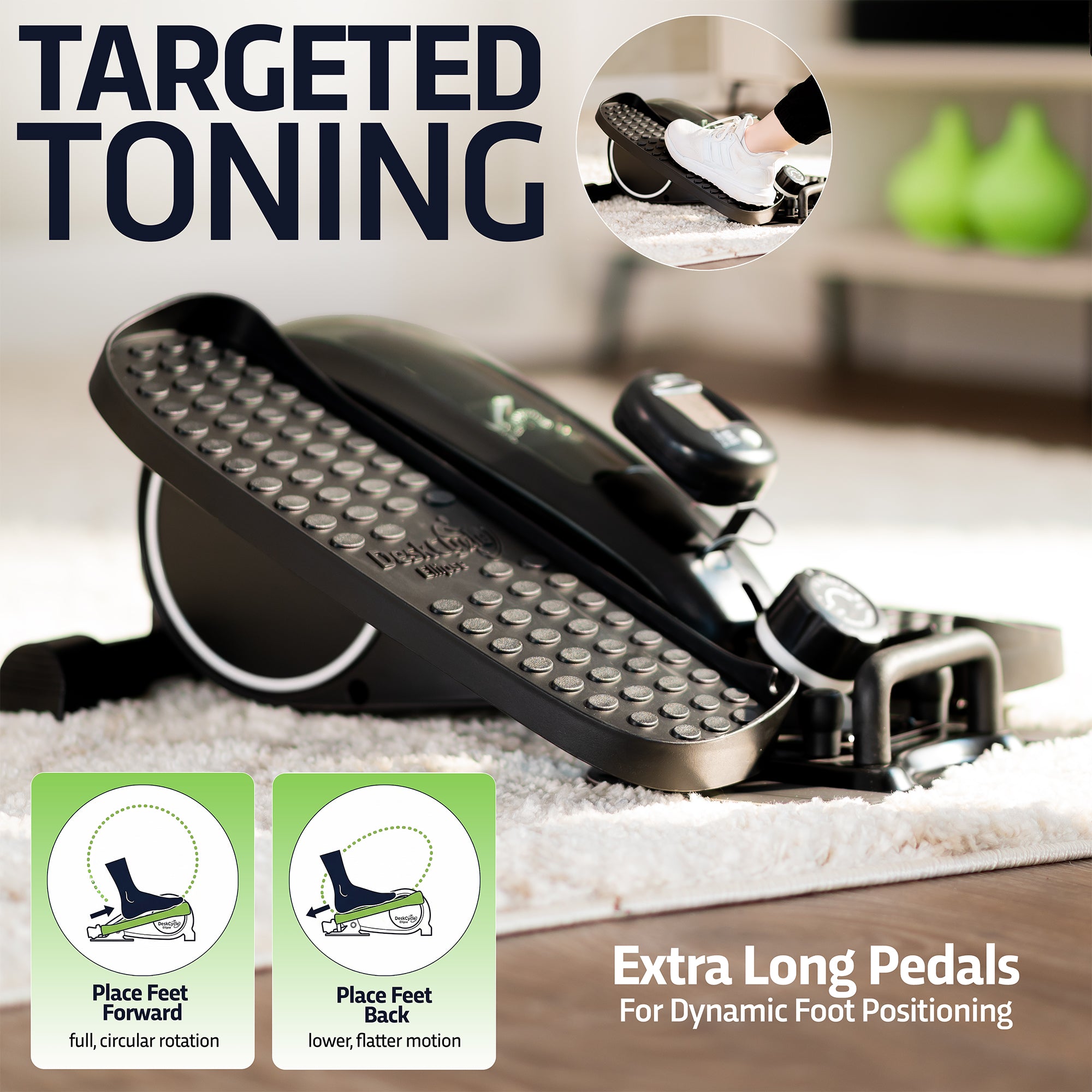 Exerciser with 'Targeted Toning' text and 'Extra Long Pedals' feature on a blurred background.