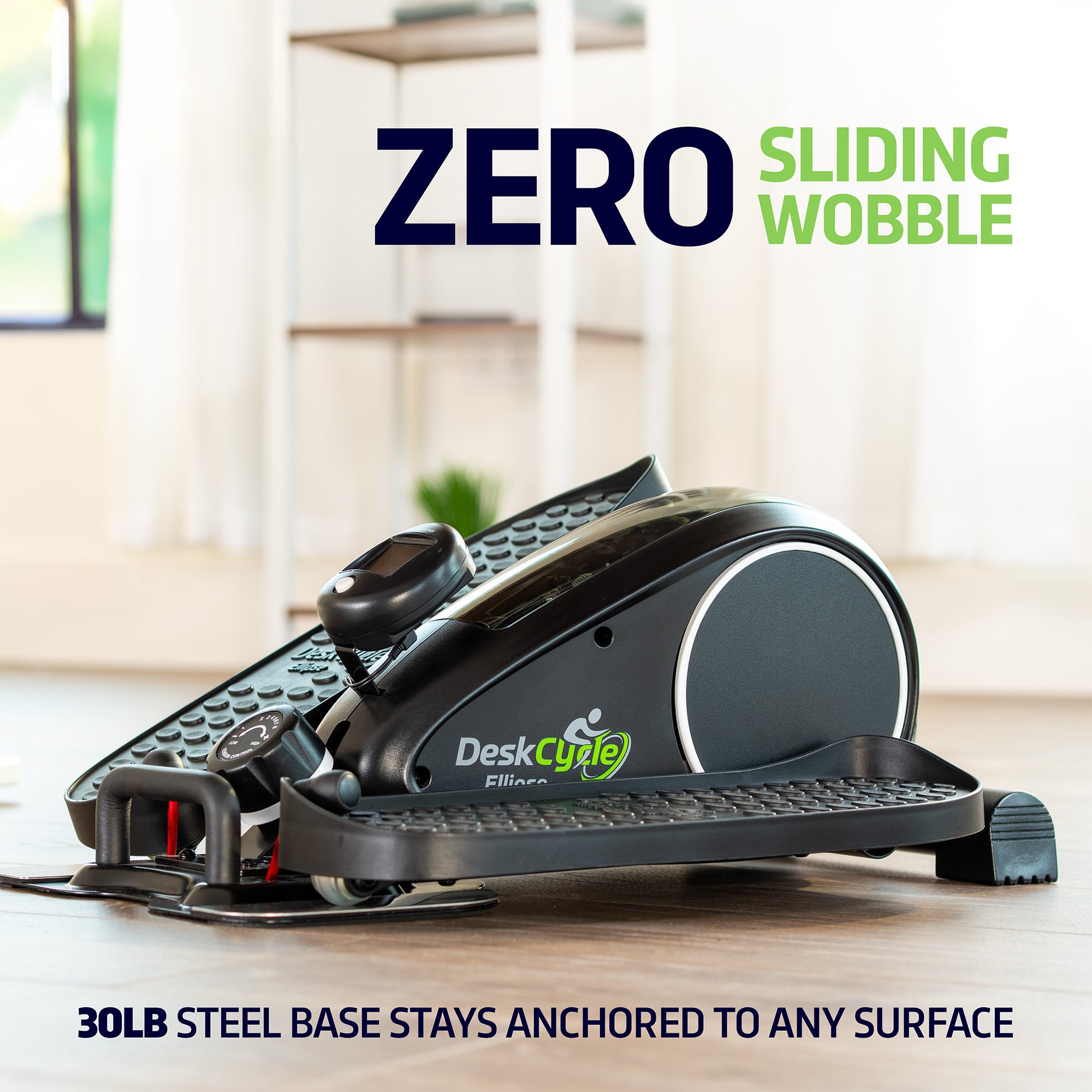 DeskCycle Elliptical on a floor with 'Zero Sliding Wobble' text above it.