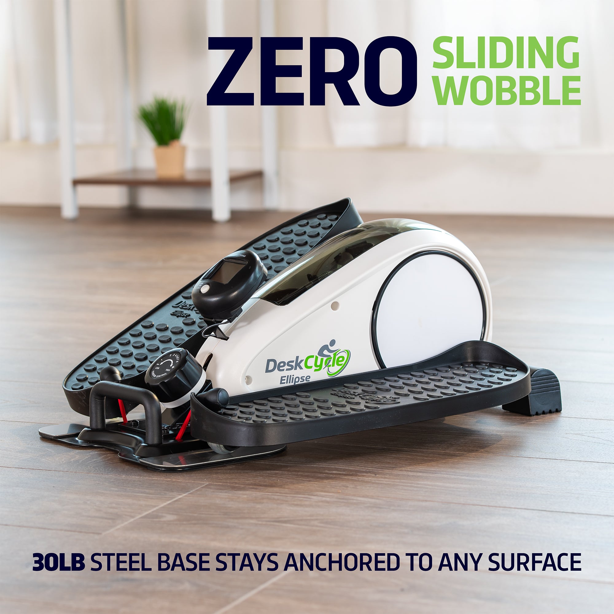 DeskCycle Ellipse exercise device on a wooden floor with 'Zero Sliding Wobble' text.