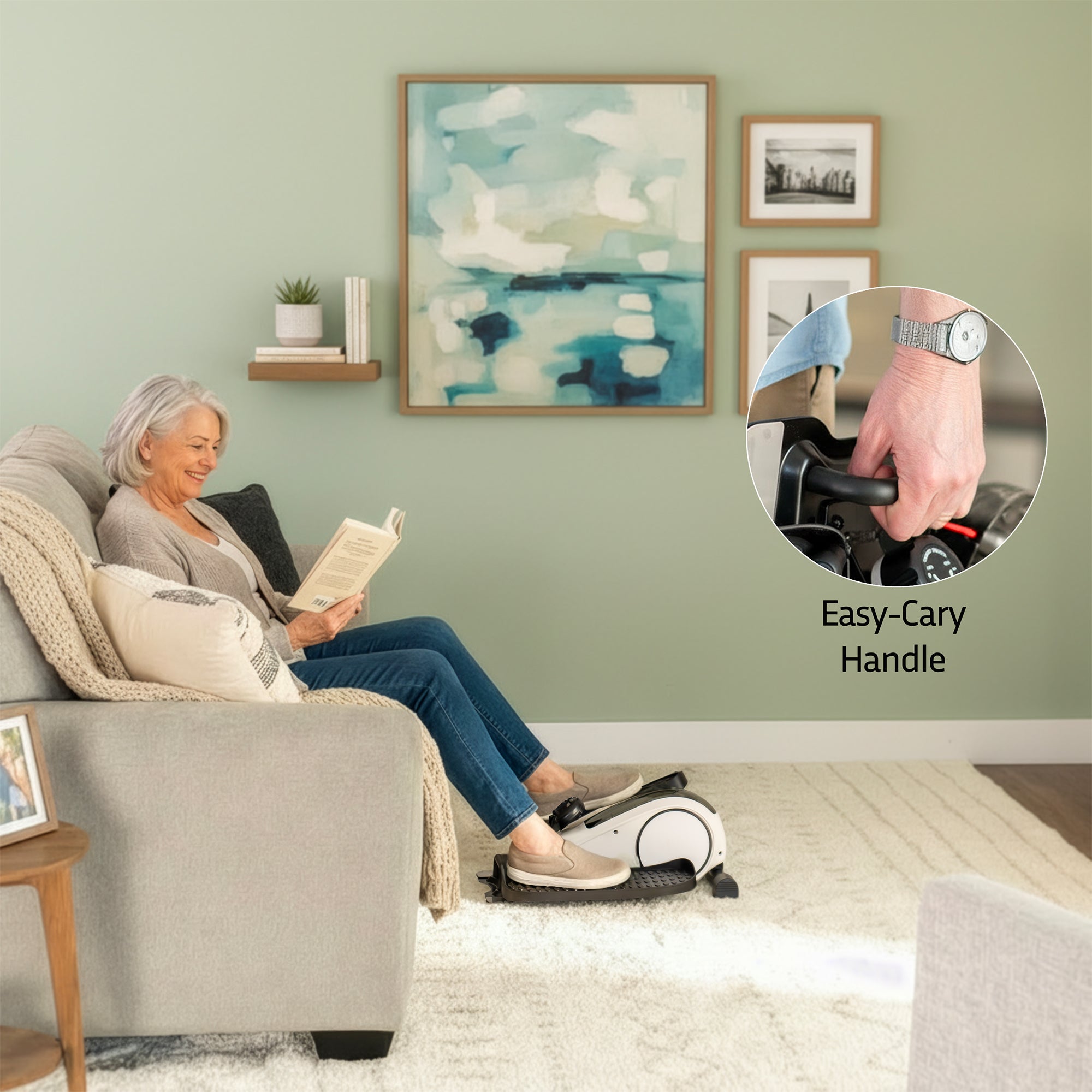 Woman using a deskcycle ellipse in a living room with a hand holding the Easy-Cary Handle inset.