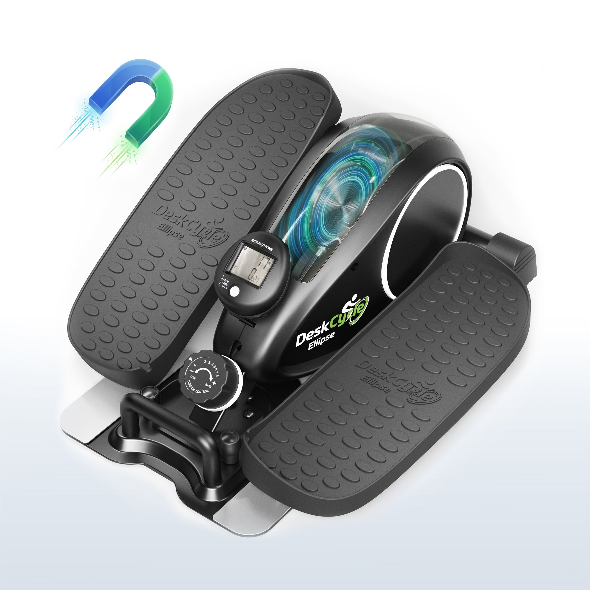 Black magnetic resistance desk exercise stepper with digital display on a light gray background