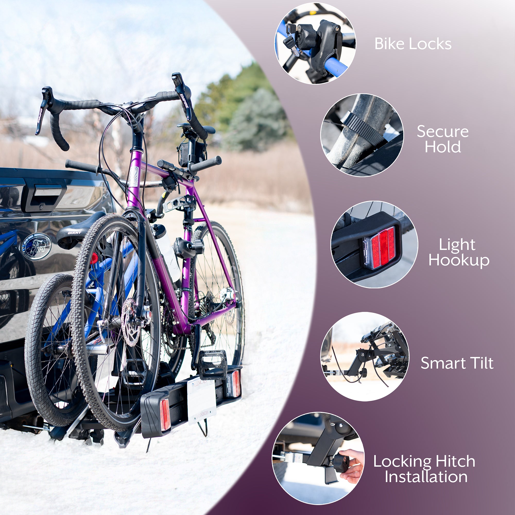 Adjustable Hitch Bike Rack with Taillights and License Plate Holder