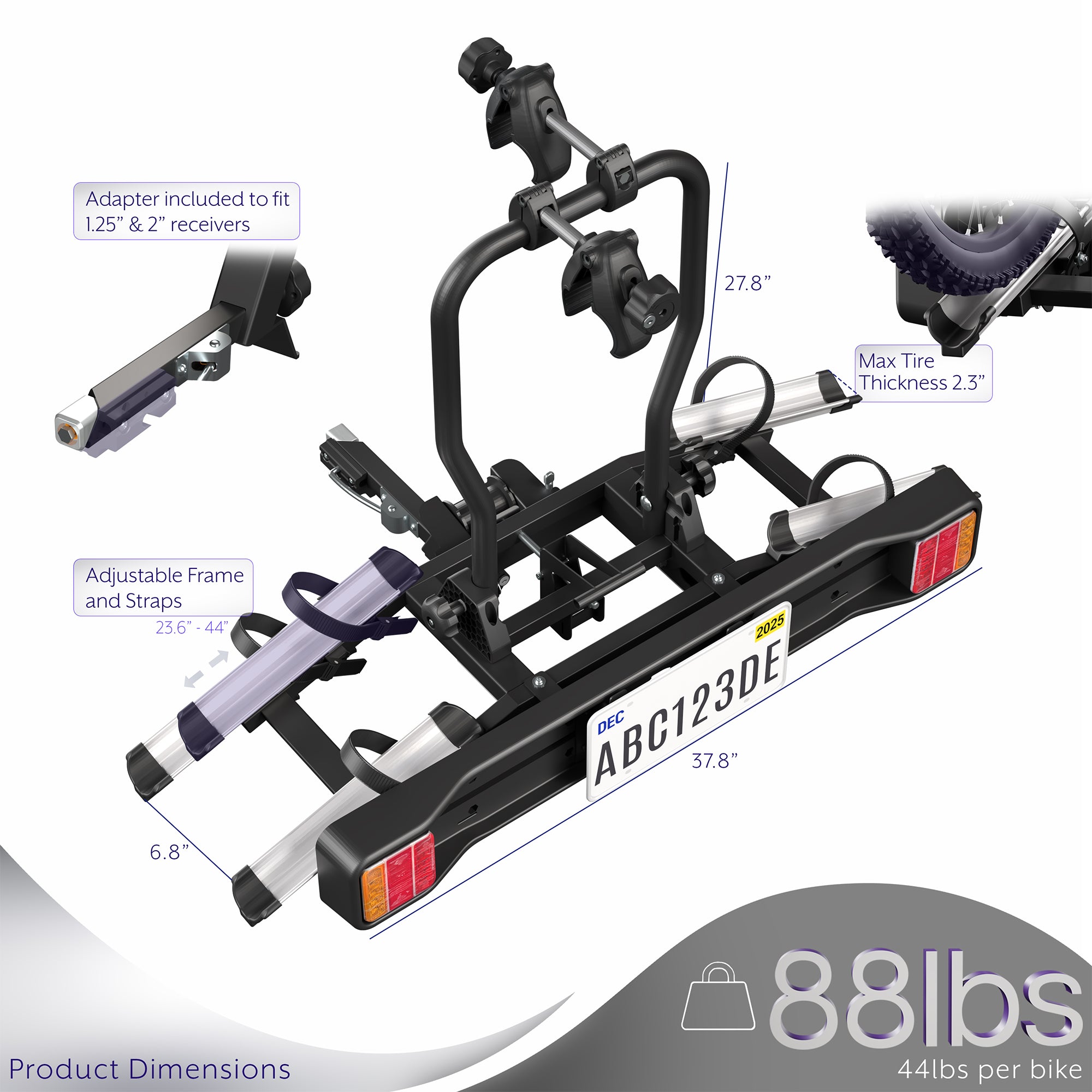 Adjustable Hitch Bike Rack with Taillights and License Plate Holder