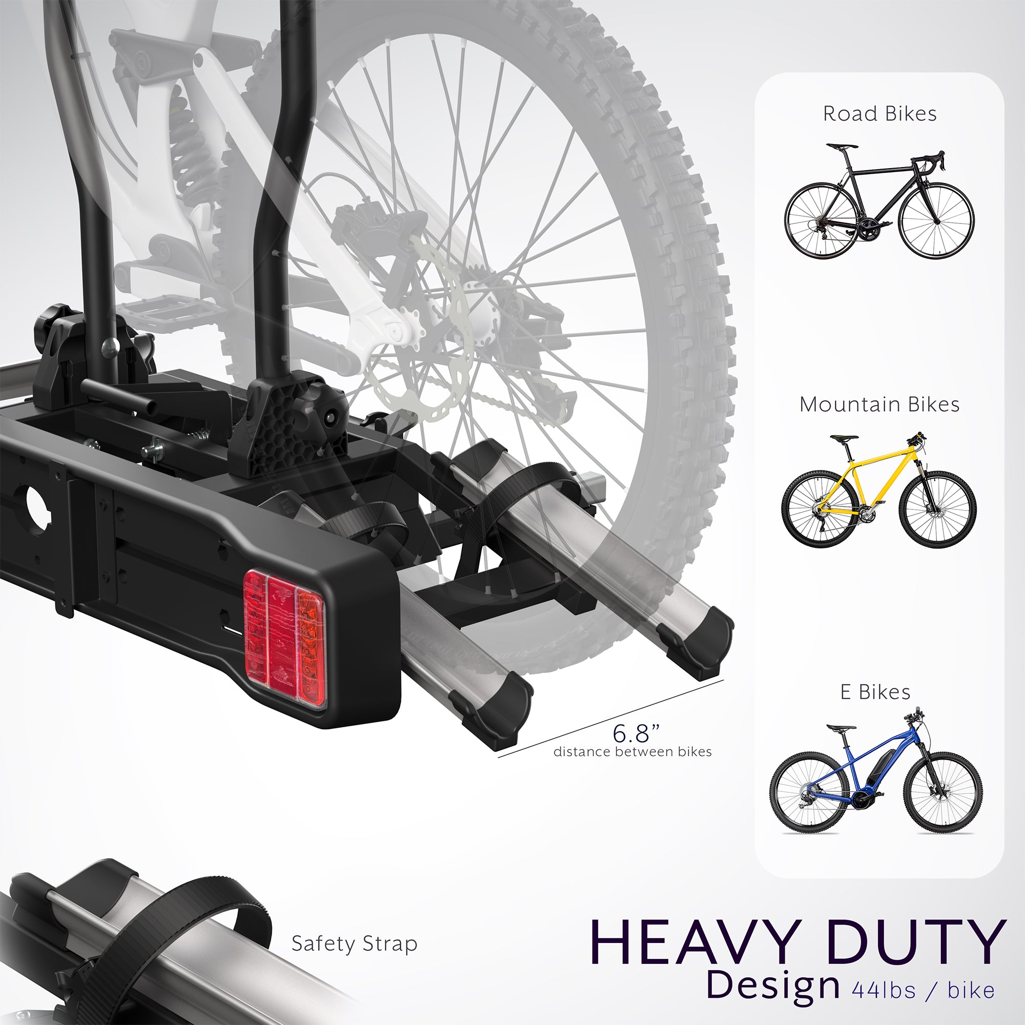 Adjustable Hitch Bike Rack with Taillights and License Plate Holder