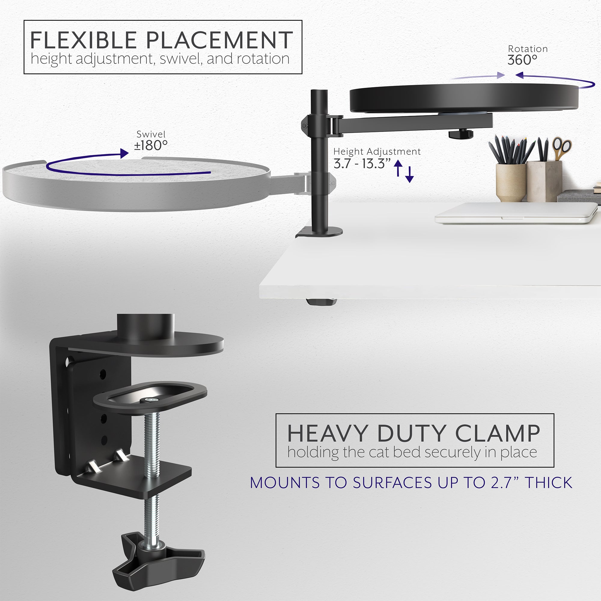 Clamp-on cat bed gives your kitty a comfortable place to rest off of the desk surface.