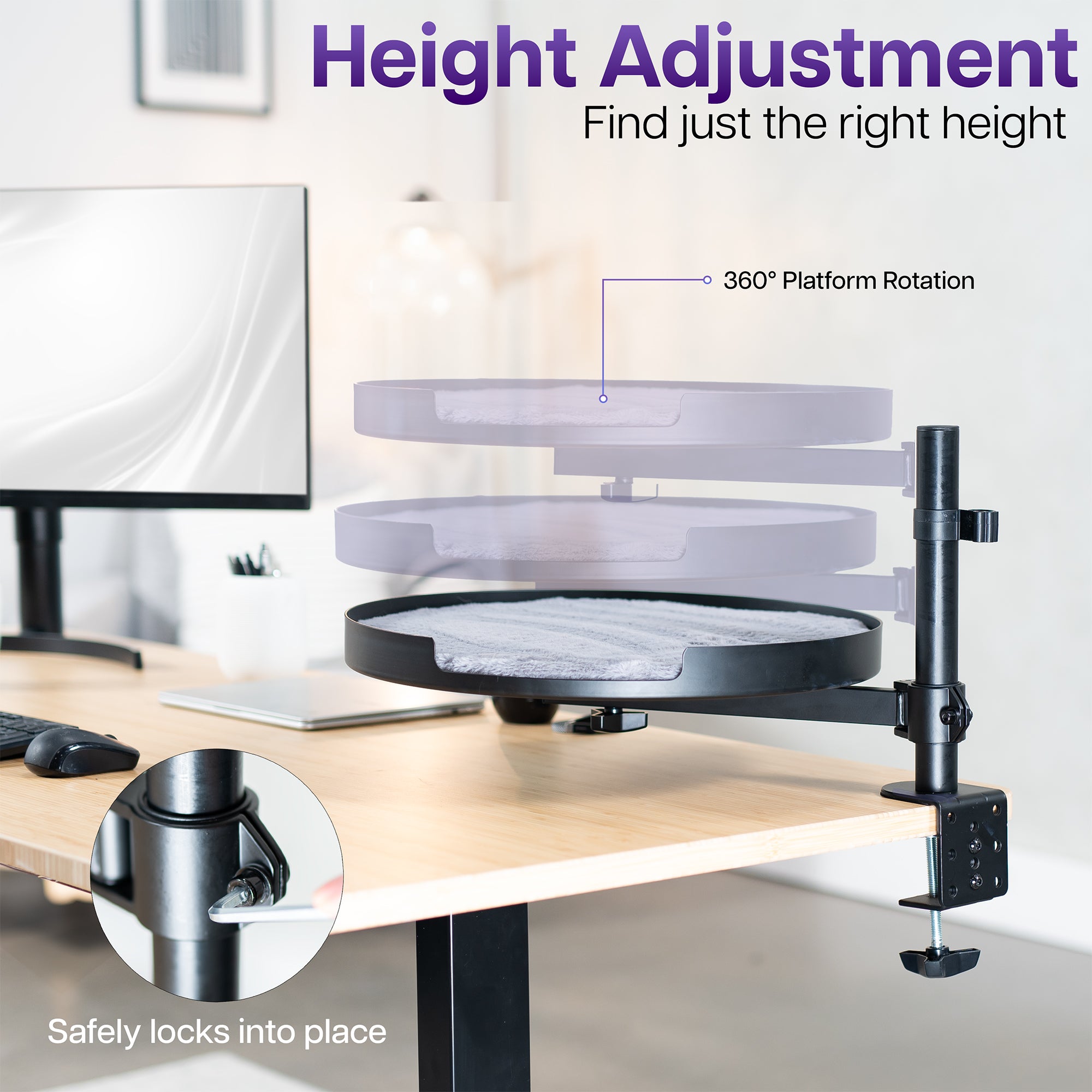 Clamp-on cat bed gives your kitty a comfortable place to rest off of the desk surface.