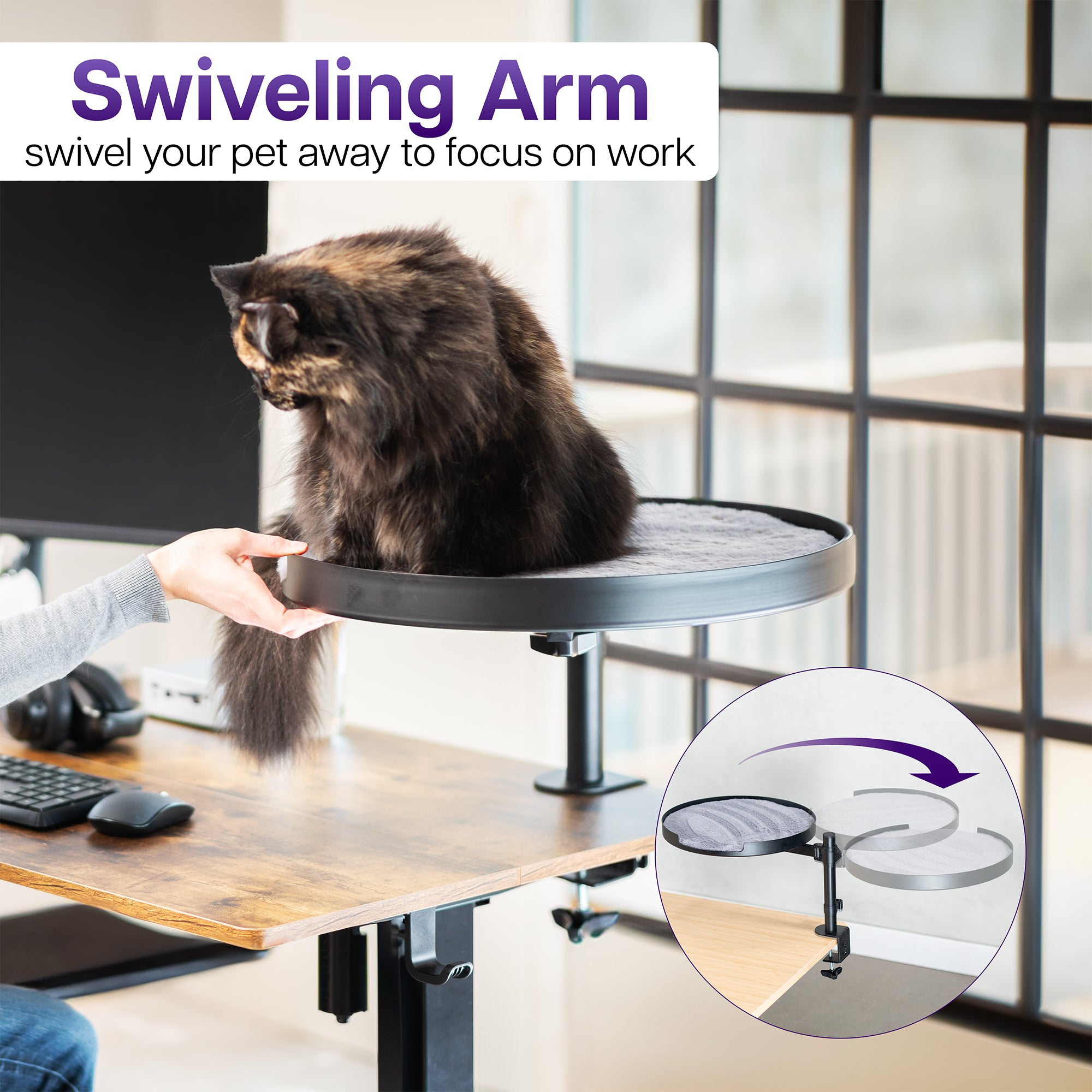 Clamp-on cat bed gives your kitty a comfortable place to rest off of the desk surface.