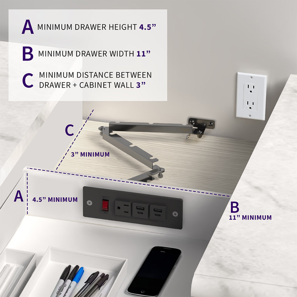 In-drawer charging station with AC outlet and USB ports.