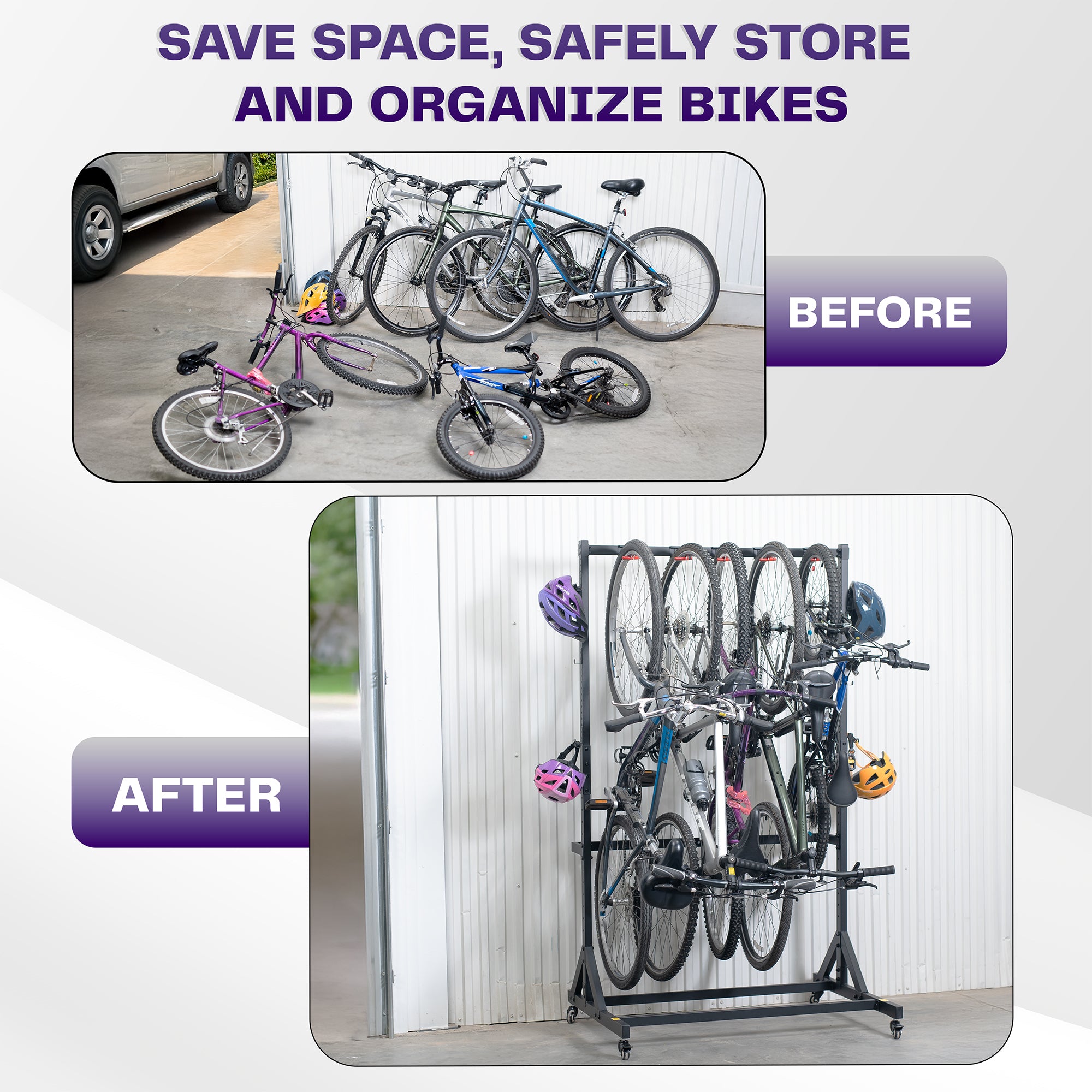 Before and after comparison of bicycles stored with a bike rack.