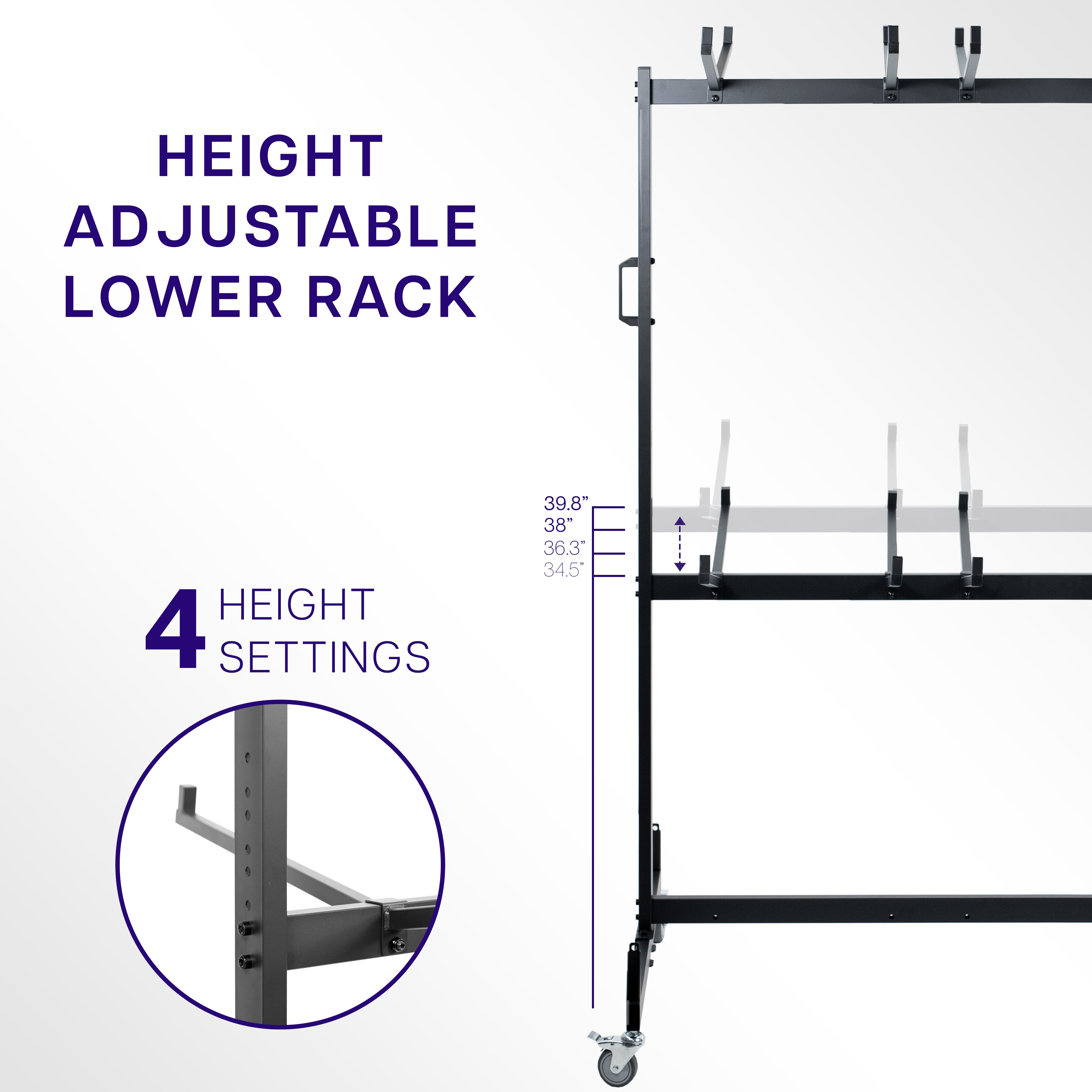 Height adjustable lower rack with measurement details on a white background