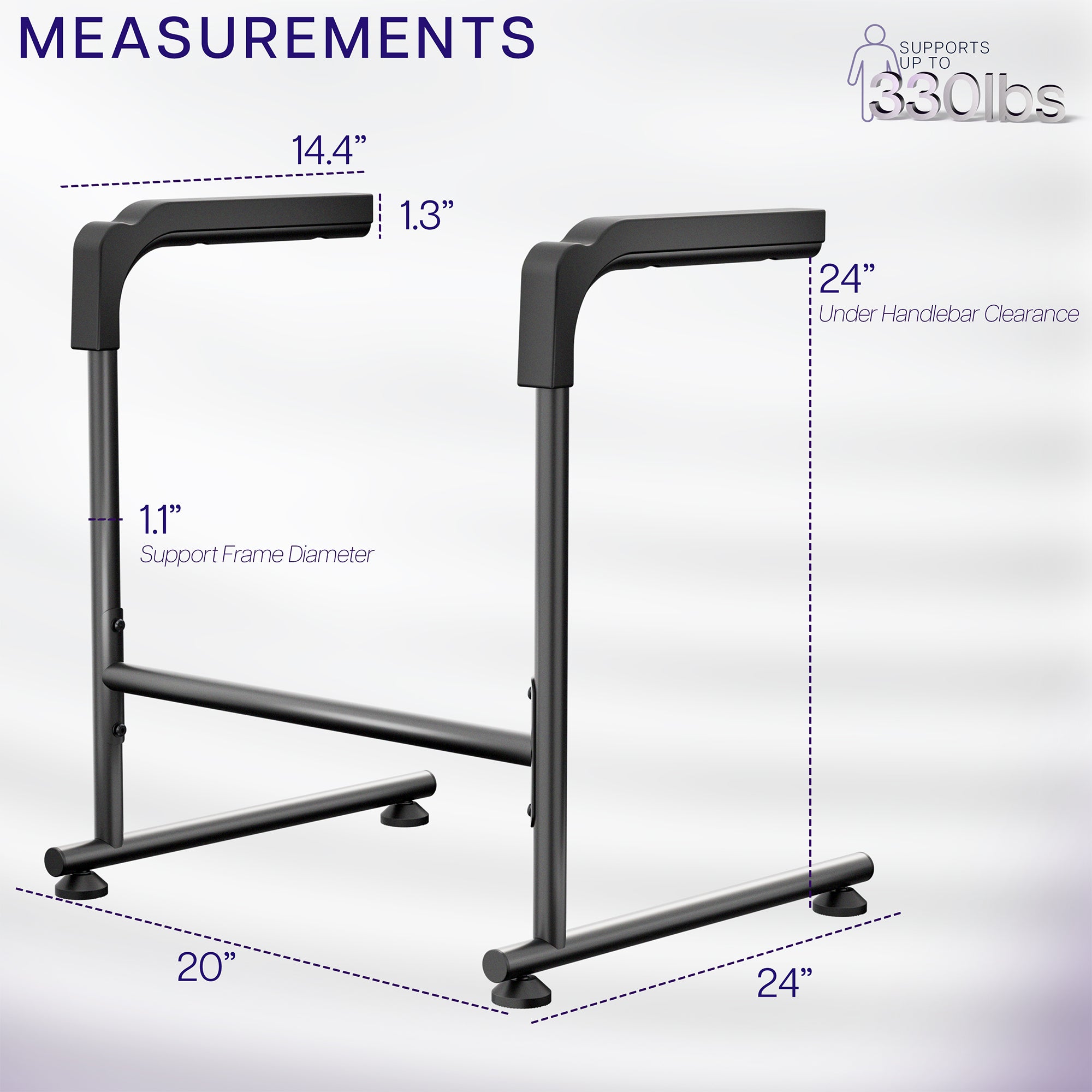 Measurement chart of a stand assist bar with dimensions labeled on a white background.