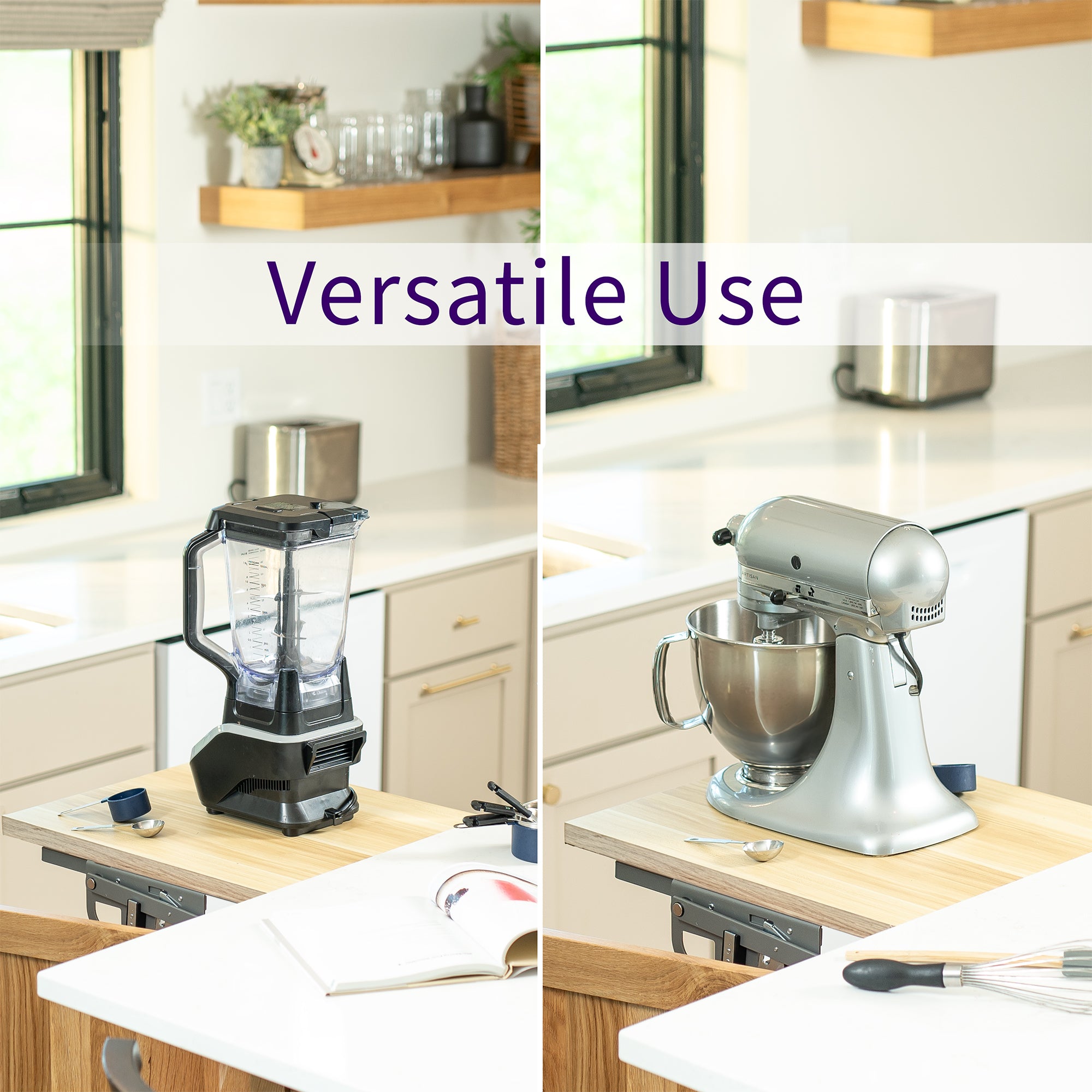 Kitchen appliance lifting brackets for compatible cabinets to save space and allow convenient access and storage for your appliances. (shelf/platform surface not included)