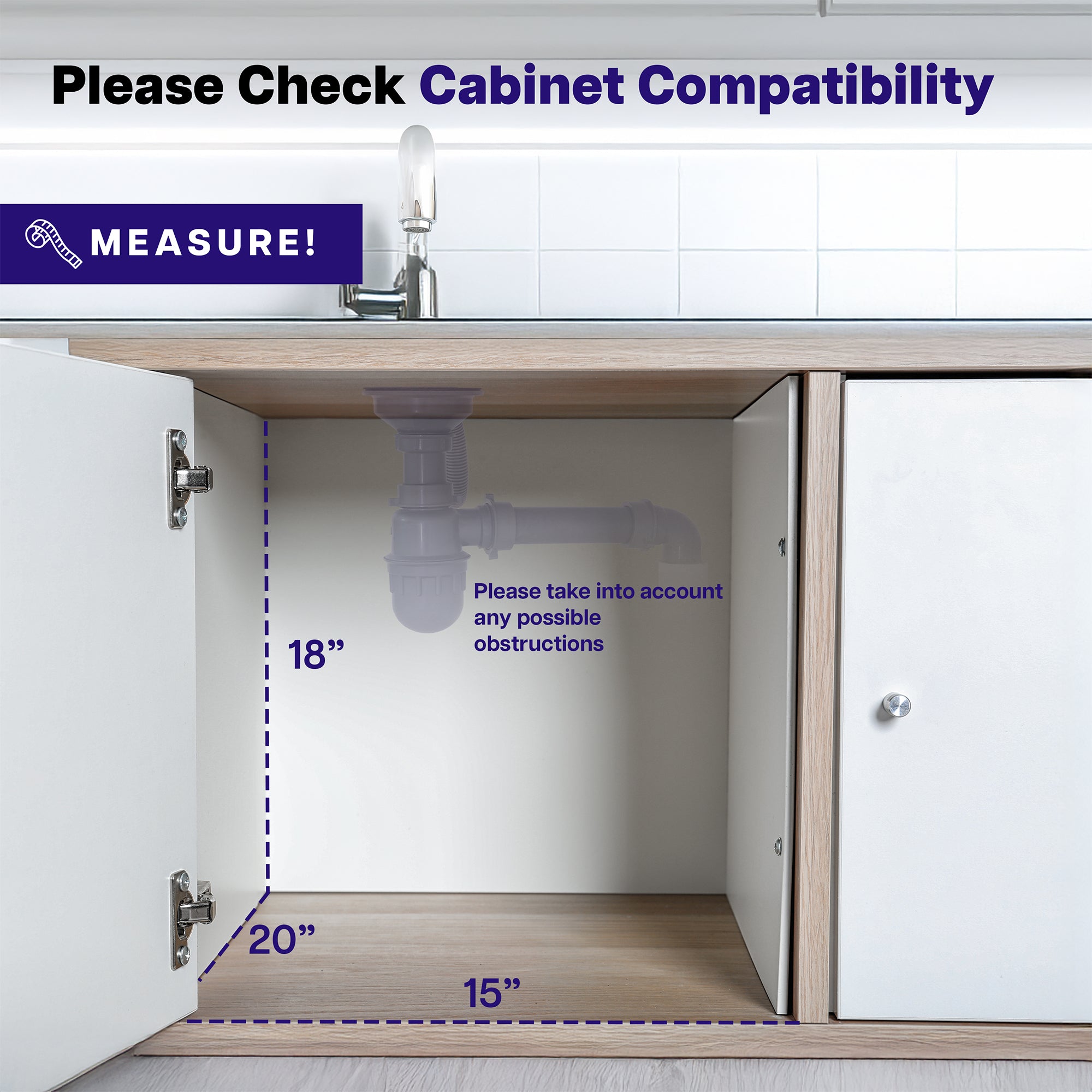 An open cabinet with transparent pipe with text to check cabinet compatibility.